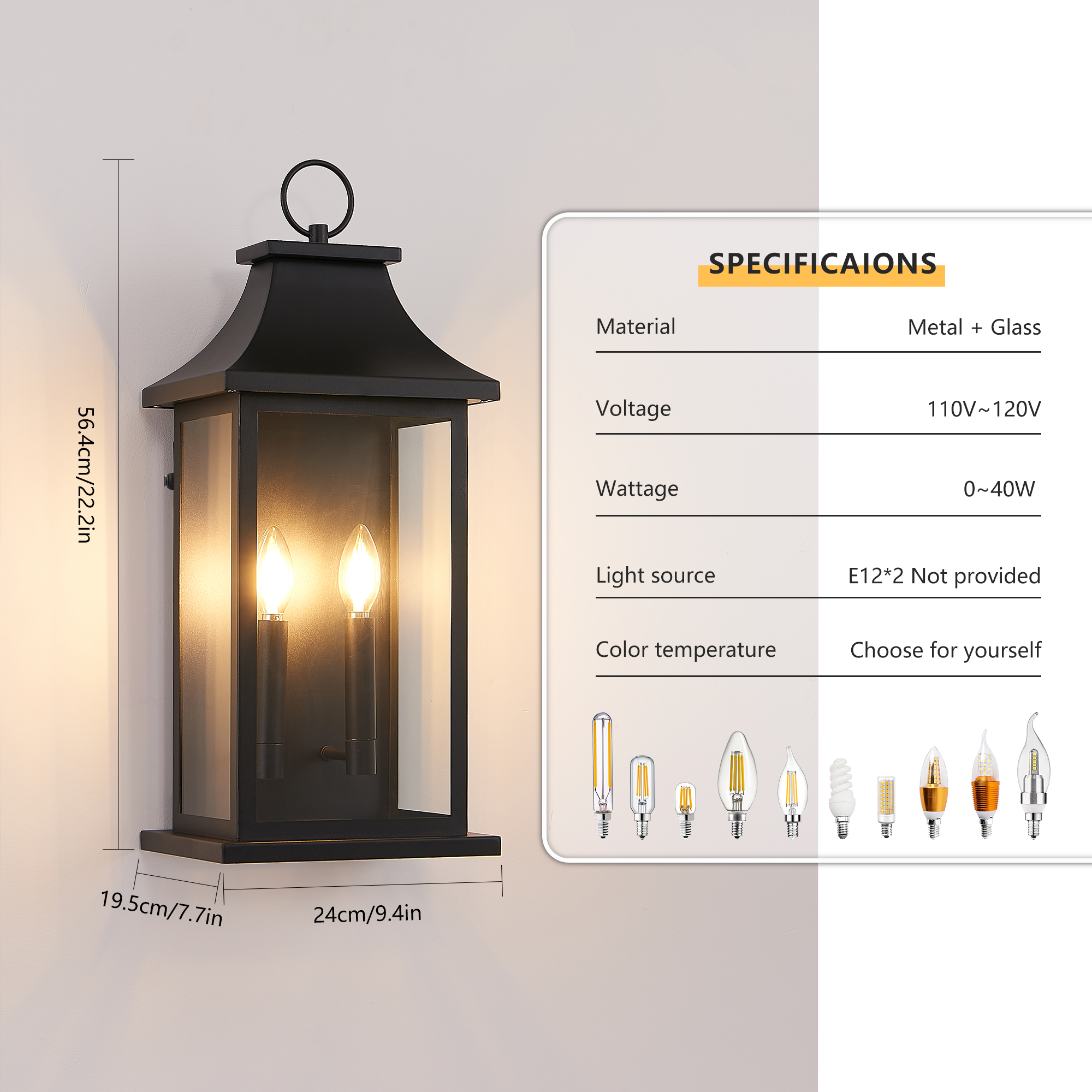 Dusk to Dawn Outdoor Wall Lantern 2-Light, 22.2" Large Outside Wall Sconce, Modern Black Wall Light Fixture with Glass, Waterproof Exterior Lamp for House, Porch, Garage 3