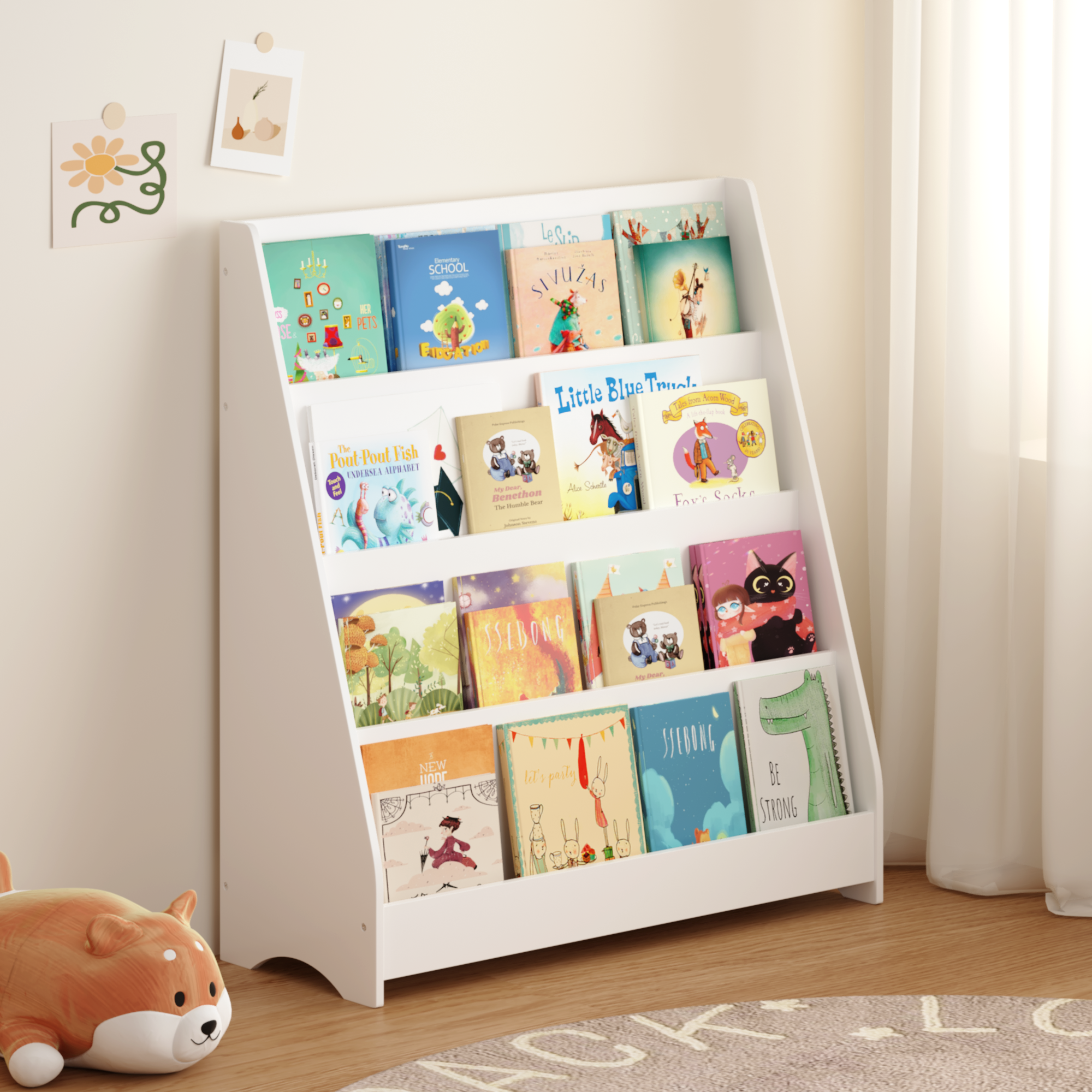4-Tier Kids Bookshelf, Toddler Book Display Shelves, Helps Keep Bedrooms, Playrooms, and Classrooms Organized, MDF, White