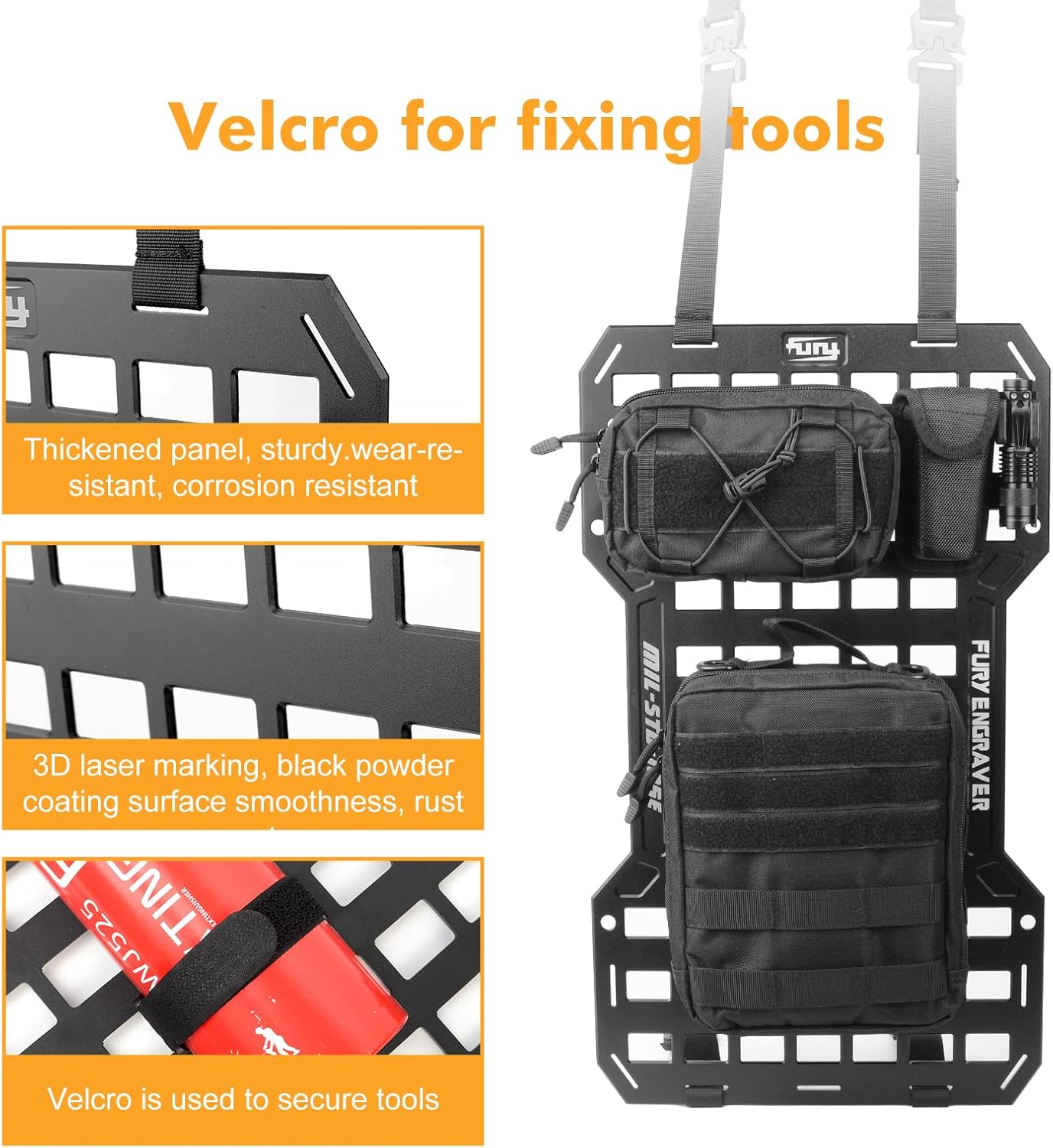17515 Rigid Molle Panels For Vehicles Truck Mount Rack Panel Tactical Seat Back Organizer with 2 Organizer Storage Bag, 1 Multi-tool Pliers, 1 Flashlight and 5 Fastening Tape — foto 2