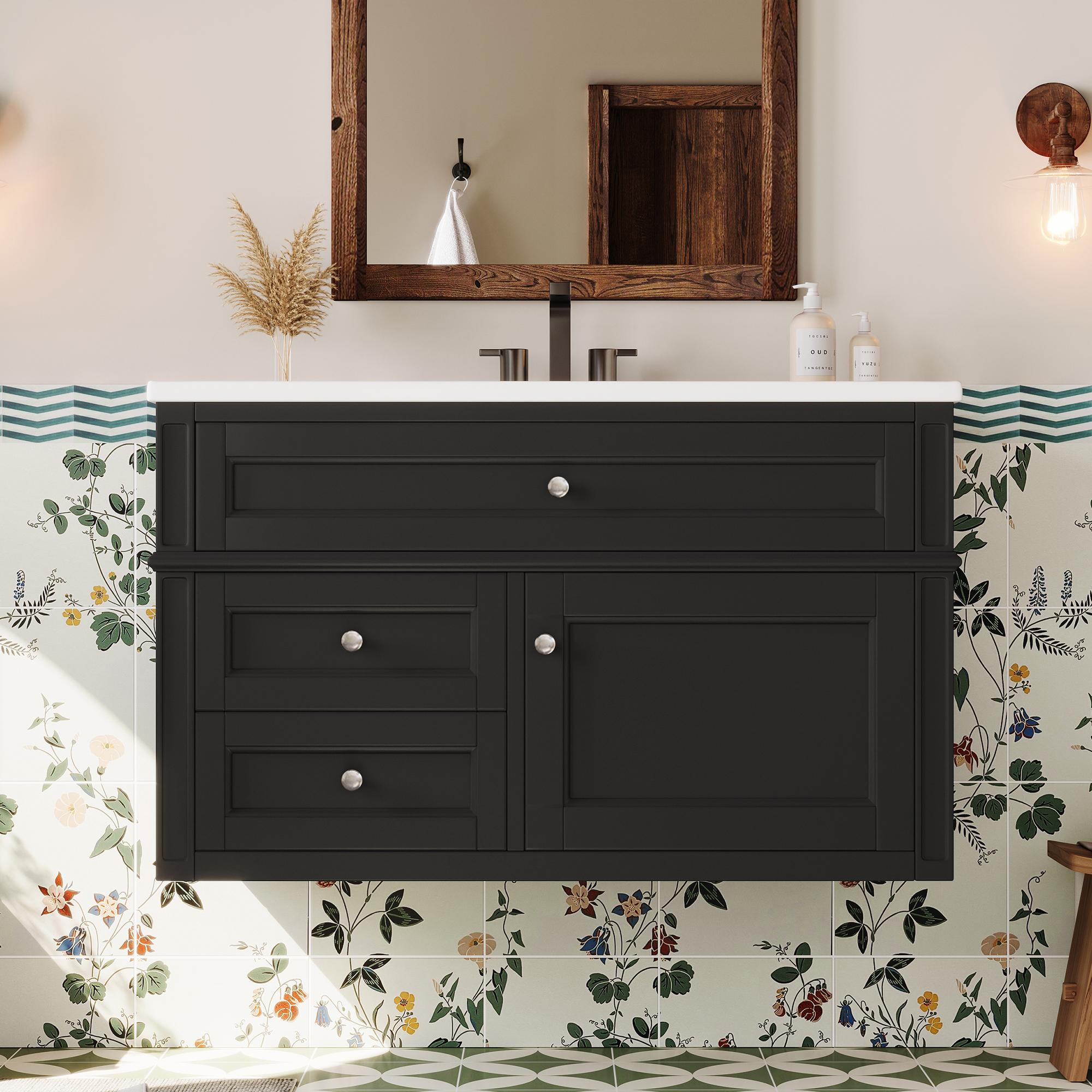 36'' Wall Mounted Bathroom Vanity, Floating Bathroom Storage Cabinet with 2 Drawers, 1 Tip-out Drawer, 3 Holes Single Ceramic Sink, Modern Cabinet.