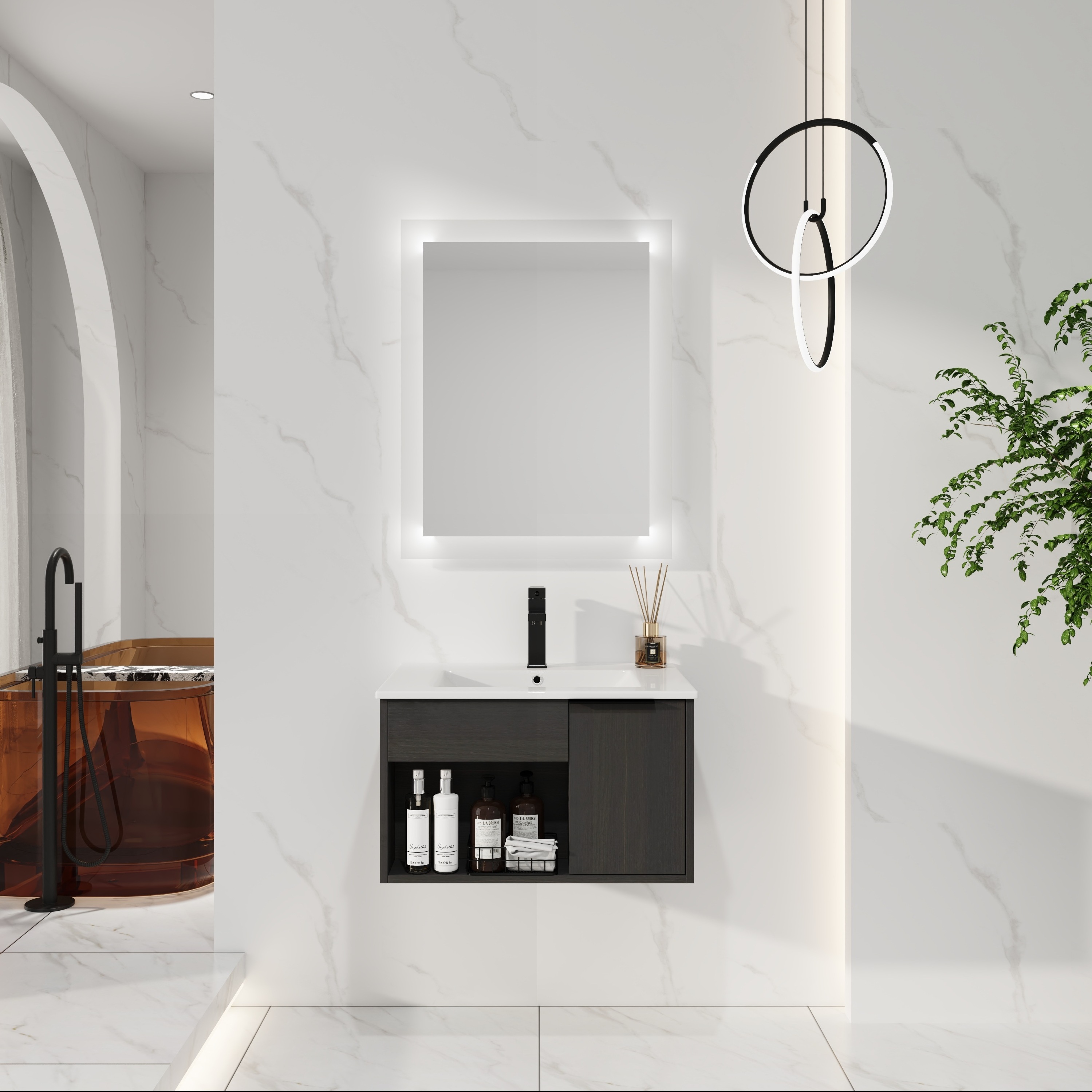 24" Wall-Mounted Floating Bathroom Vanity with Ceramic Sink – Modern Dark Oak Cabinet with Open Shelf & Soft-Close Door, Space-Saving Design (Faucet & Drain Not Included)
