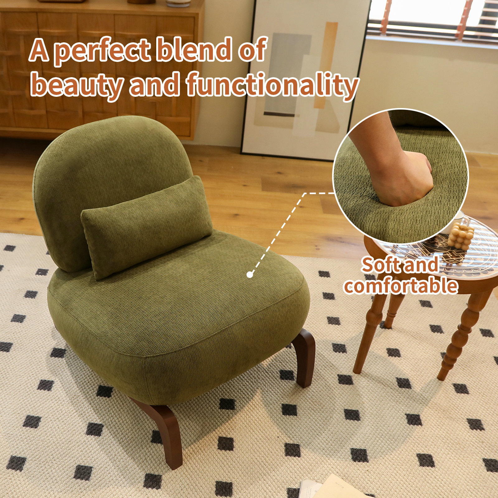 Cute Accent Chair with Solid Wood Legs, Velvet Living Room Chair with Soft Cushion, Cozy Bedroom Chair, Comfy Armless Reading Chair for Apartment, Waiting Room, Balcony (Green) — foto 8