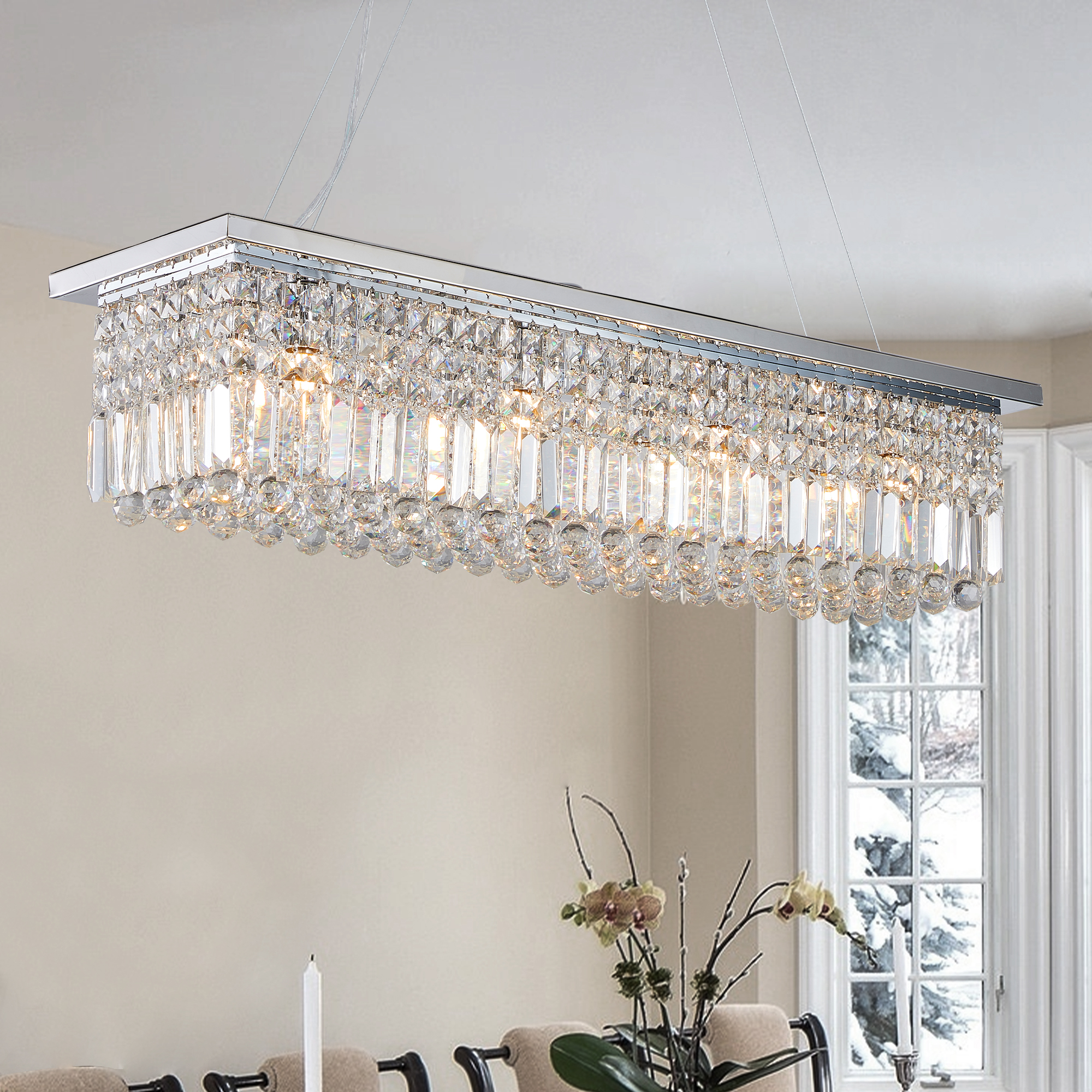 Modern Crystal Chandelier for Dining Room 8-Light White Rectangle Raindrop Chandelier Contemporary Rectangular Pendant Light Fixture for Kitchen Island Bar L39.4'' x W9.8'' x H8.7'(Bulb Not Included) — foto 8