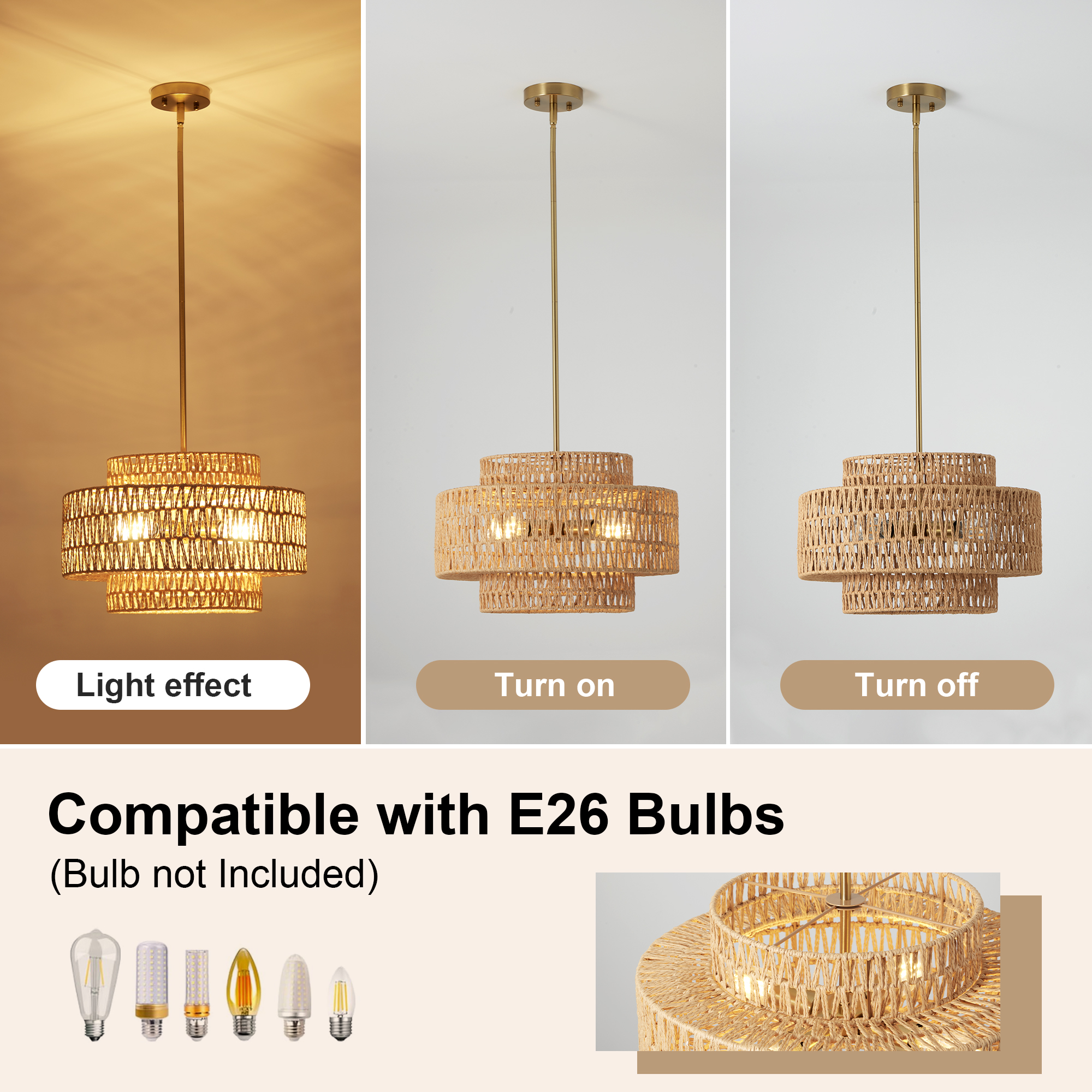 17.7" Boho Rattan Chandelier for Dining Room Light Fixture, 4-Light Hand Woven Wicker Pendant Light Fixture, Farmhouse Rustic Hanging Chandelier for Dining Room, Kitchen Island, Living, Bedroom — foto 4