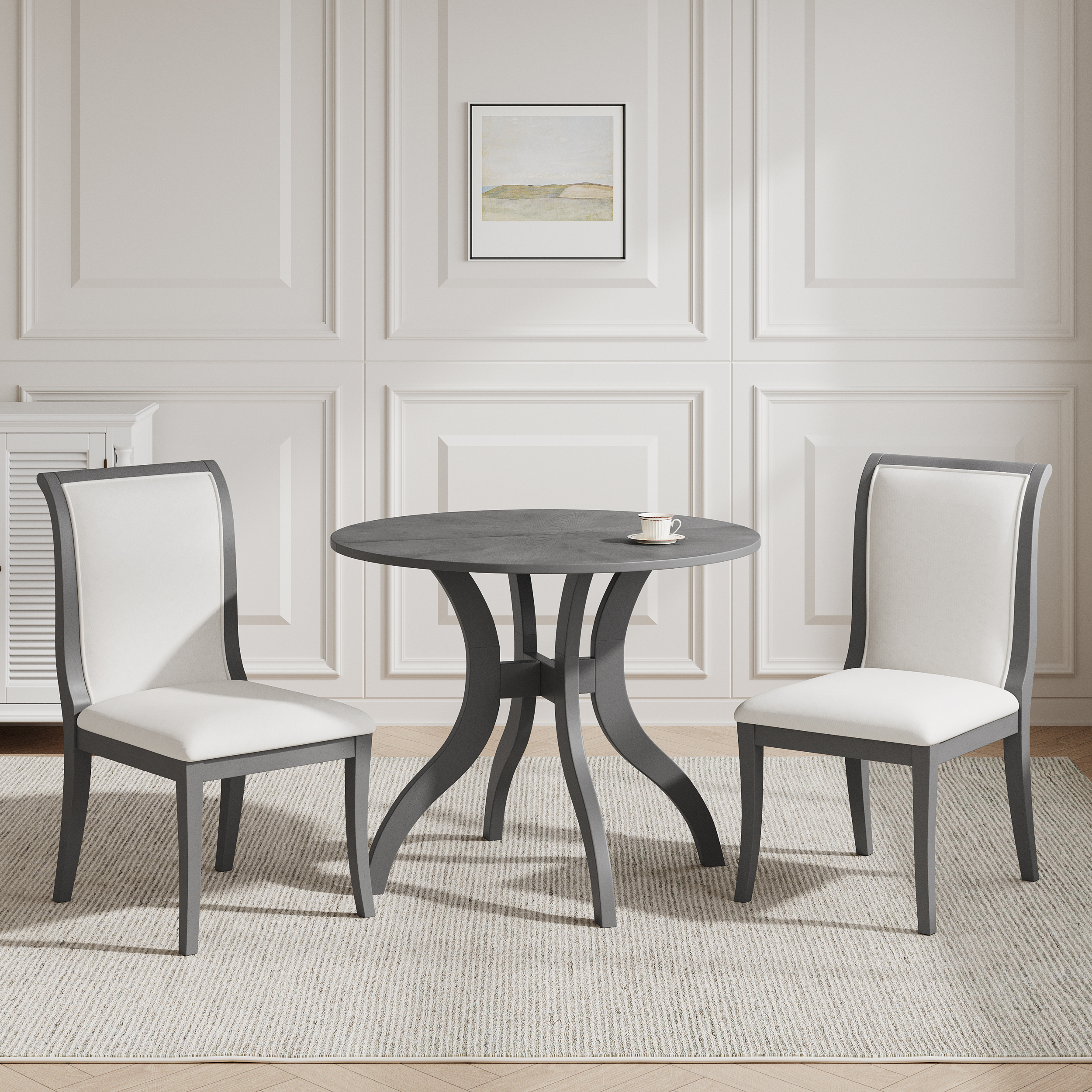 Oak Gray Dining Table Set:39.4" Round Table + 2 Chairs - Traditional Solid Wood Kitchen Set with Inlaid Tabletop, Elegant Curved Legs for Dining Room — foto 3