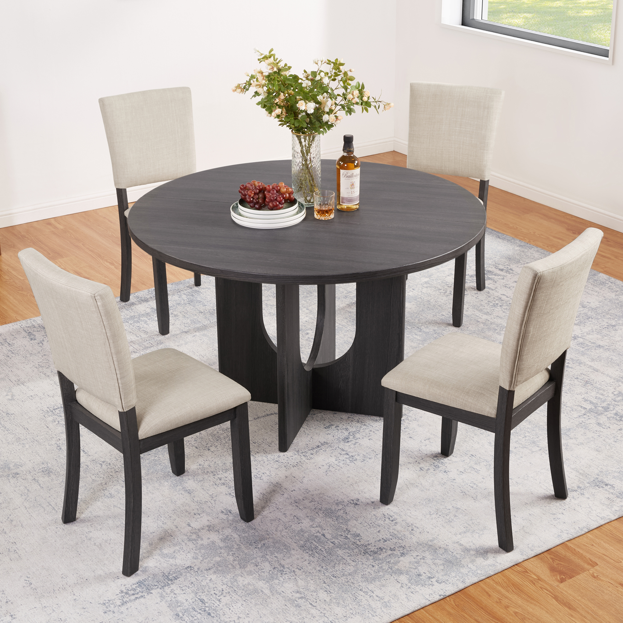 47.3" Round Dining Set with 4  Upholstered Dining Chairs, Modern Round Dining Table Set for 4, 5-Piece Round Dining Table Set for Living Room, Kitchen, Antique Black & Beige — foto 5