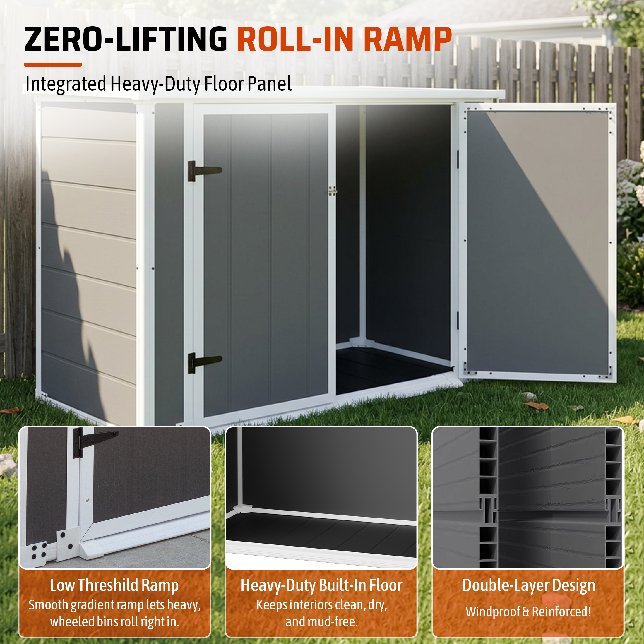 Horizontal Outdoor Storage Shed with Ramp & Hydraulic Lid, Lockable Waterproof Storage Cabinet for Trash Cans, Tools & Firewood — foto 5