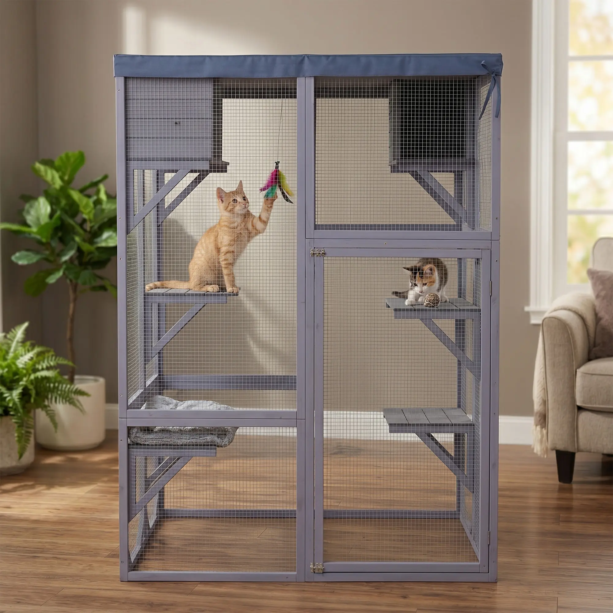 Outdoor Wooden Catio Multi-functional Cat Enclosure, 4