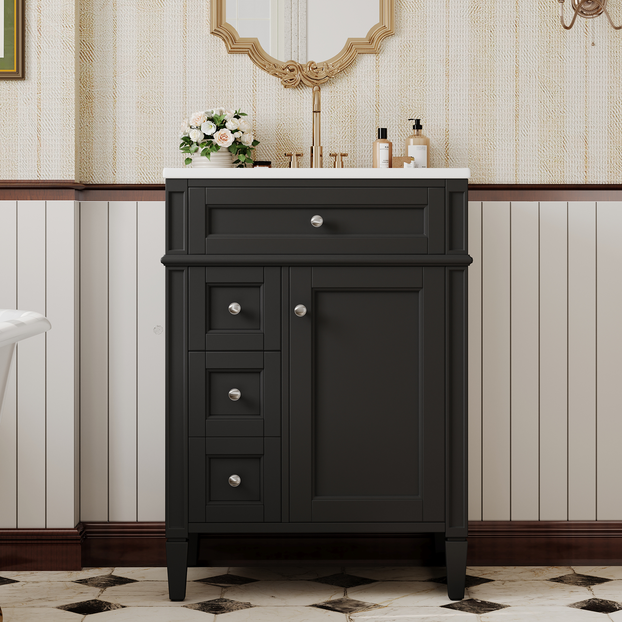 24'' Bathroom Vanity with Top Sink, Modern Bathroom Storage Cabinet with 2 Drawers and a Tip-out Drawer, Single Sink Bathroom Vanity