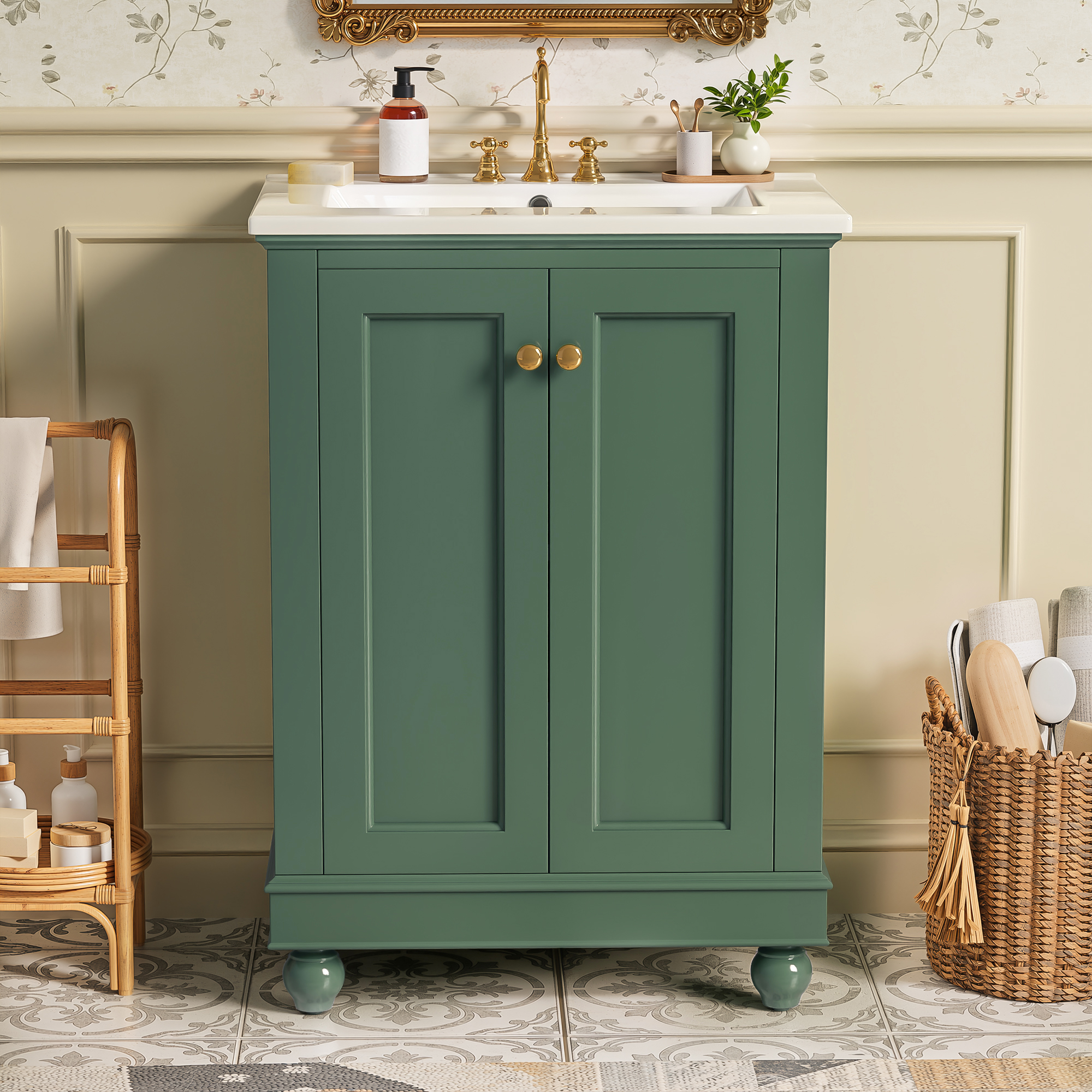 24 inch Modern Bathroom Vanity Cabinet, Simple & Elegant Design with Soft-Closing Storage, Adjustable Shelf, Bathroom Vanity with Ceramic Sink