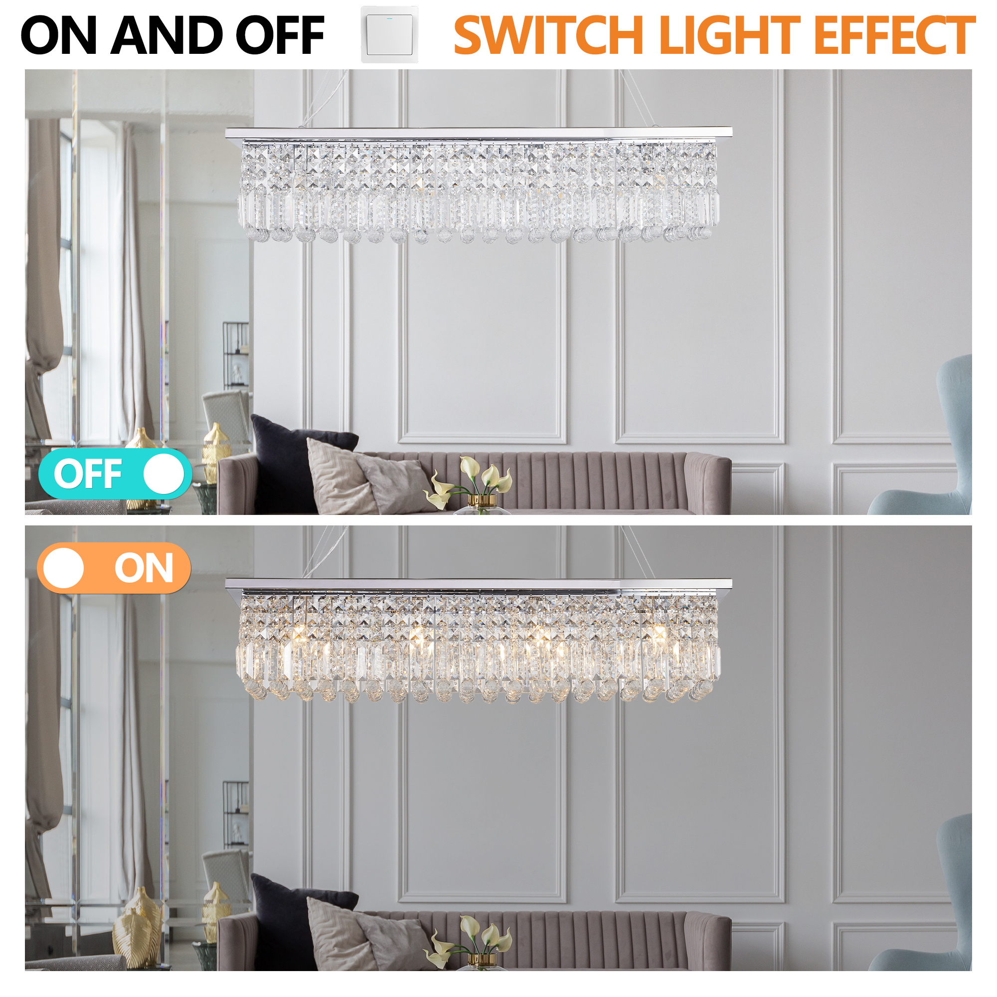 Modern Crystal Chandelier for Dining Room 8-Light White Rectangle Raindrop Chandelier Contemporary Rectangular Pendant Light Fixture for Kitchen Island Bar L39.4'' x W9.8'' x H8.7'(Bulb Not Included) — foto 2