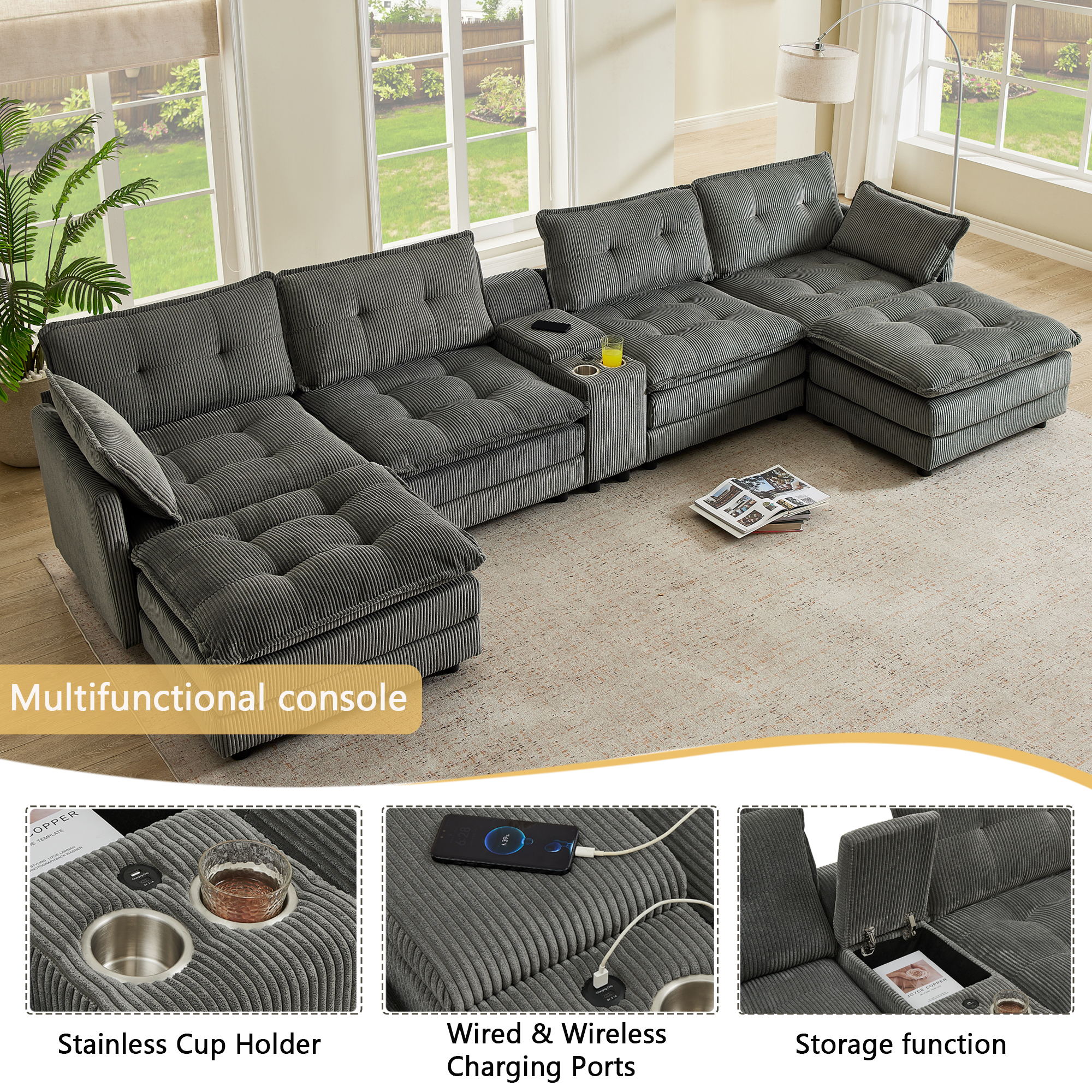 154" Sectional Cloud Sofa Couch with Ottomans, Modular U Shaped Couches for Living Room, Comfy Corduroy Oversized Sectional Modern 6 Seat Deep Seat Sofa Set with Central Console USB Port, Grey — foto 5
