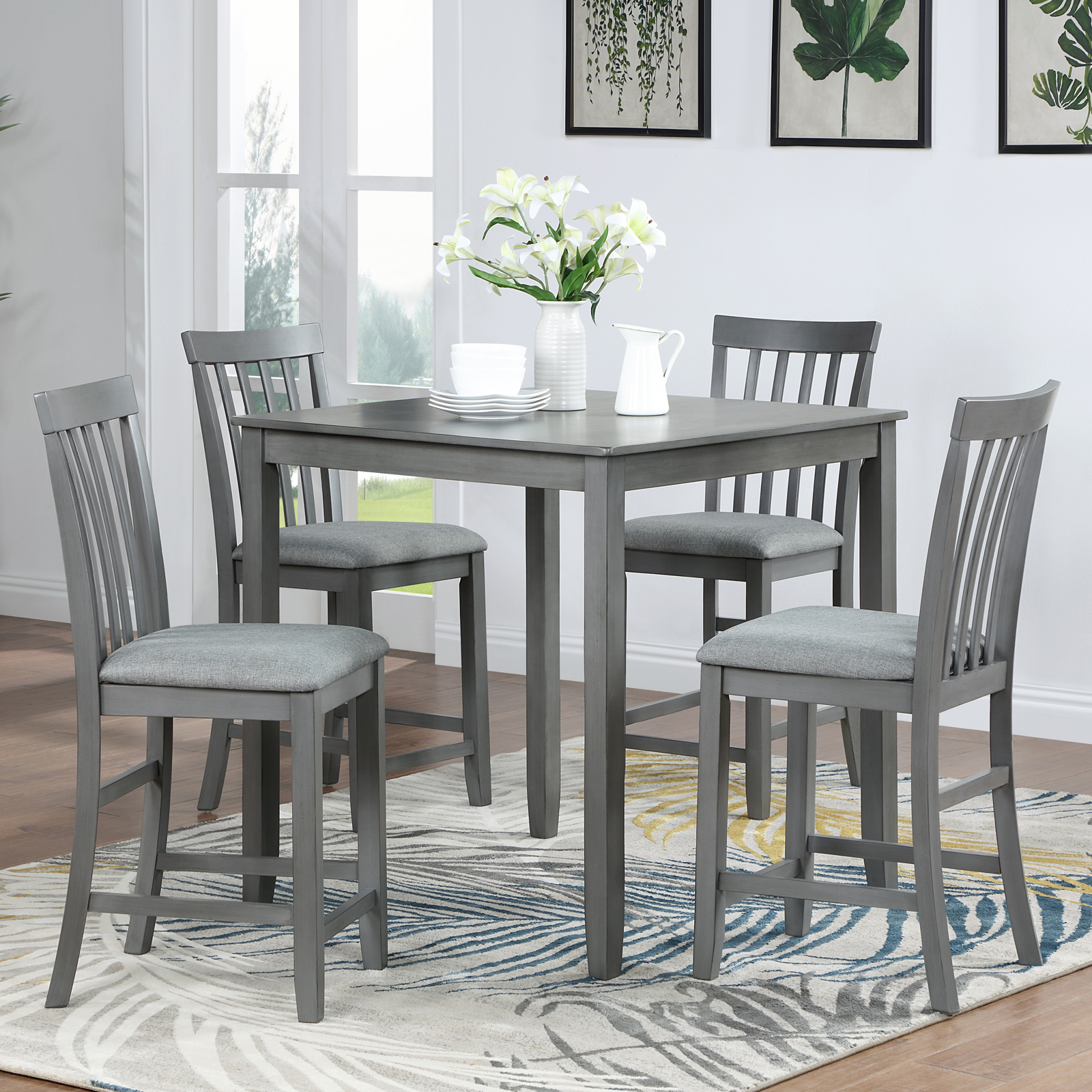 Wooden Dining Square Table, Kitchen Table for Small Space, 4 Person Counter Height Table, Gray, ONLY THE TABLE 4