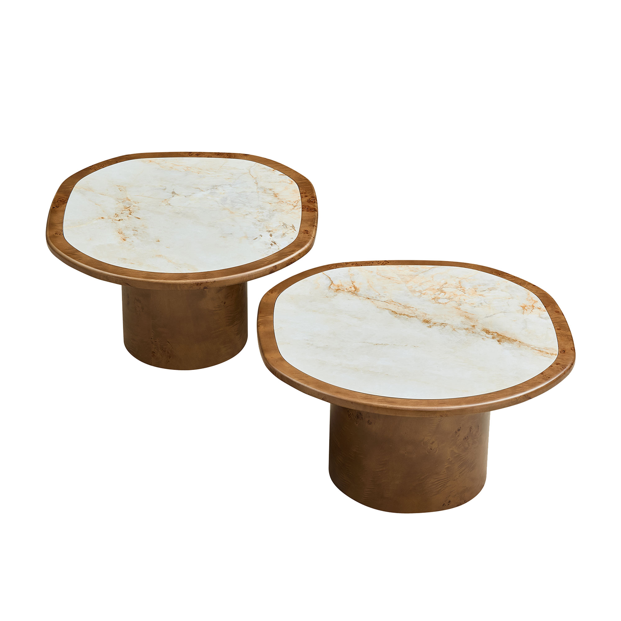 Irregular Coffee Table set, 2pcs burl Wood Veneer Coffee Table,Sintered Stone Tabletop Table with Sturdy MDF Pedestal, Rounded Sofa Side Table for living Room,Office — foto 5