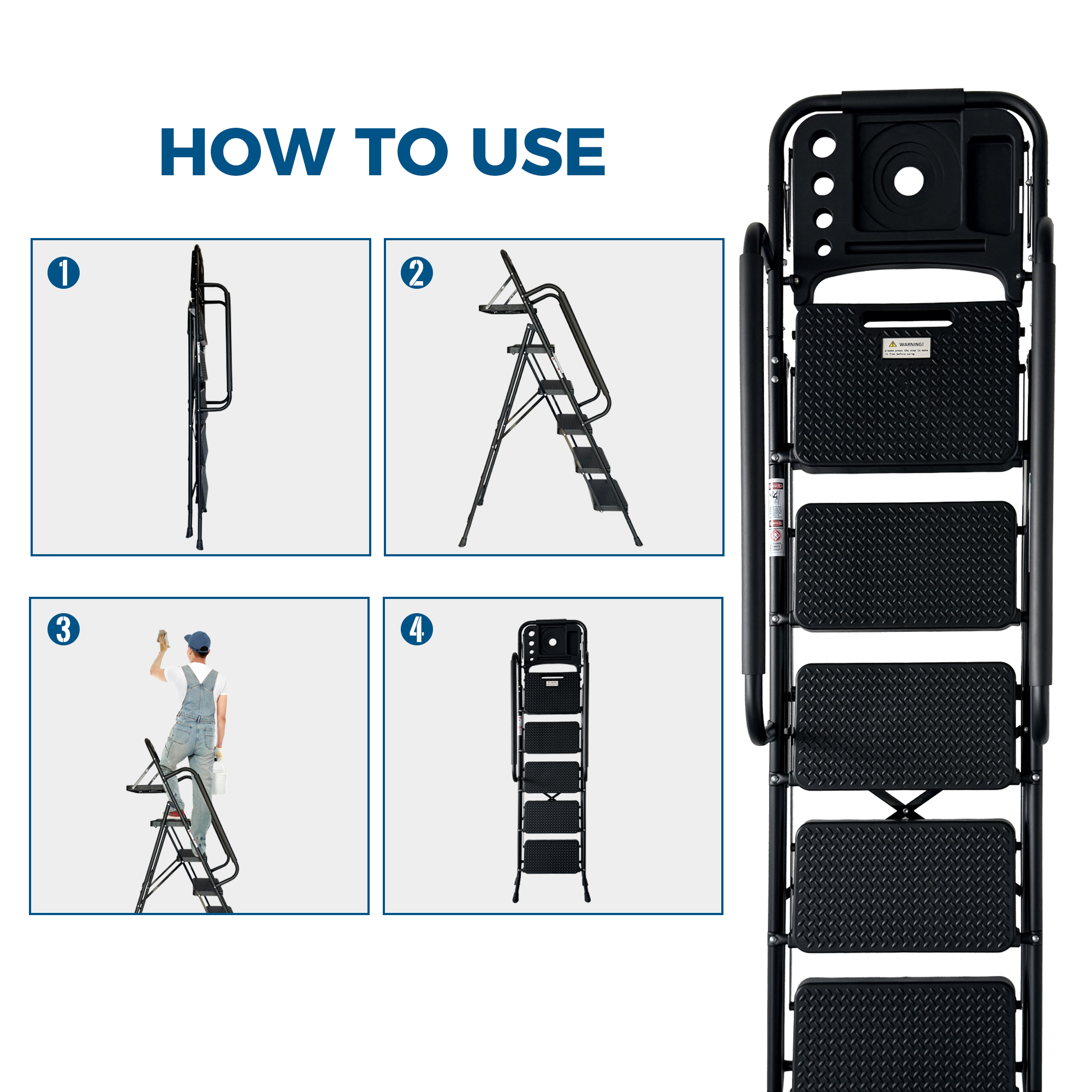 Step Ladder, Folding Step Stool with Wide Anti-Slip Pedal, Sturdy Steel Ladder, Convenient Handrail, Lightweight, Portable Steel Step Stool — foto 8