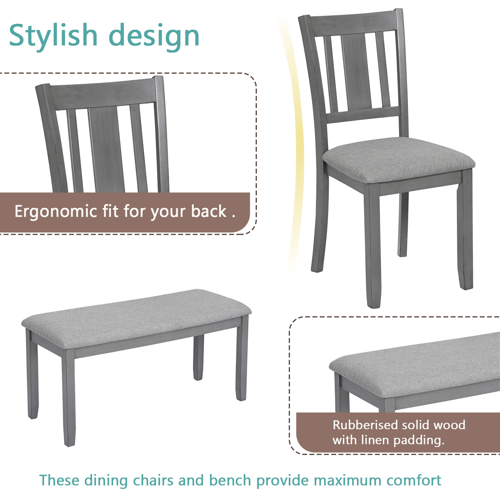 6-Piece Solid Wood Dining Table Set – Elegant Rectangular Table with 4 Upholstered Chairs and Bench for Family Gatherings