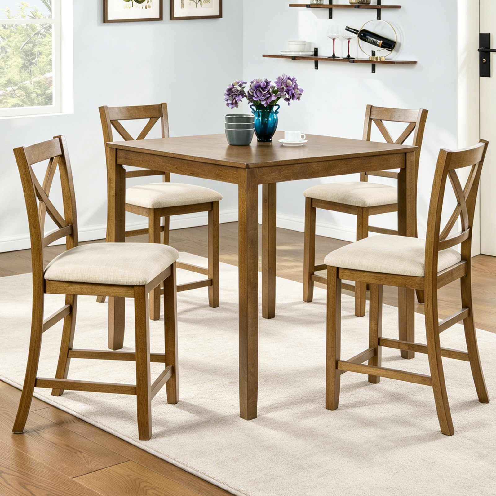 Oak Finish 5-Piece Counter Height Dining Set – Square Table & 4 X-Back Chairs, Solid Wood Frame, Waterproof Surface, Easy Assembly – Perfect for Small Spaces, Kitchen, Apartment or Breakfast Nook — foto 7