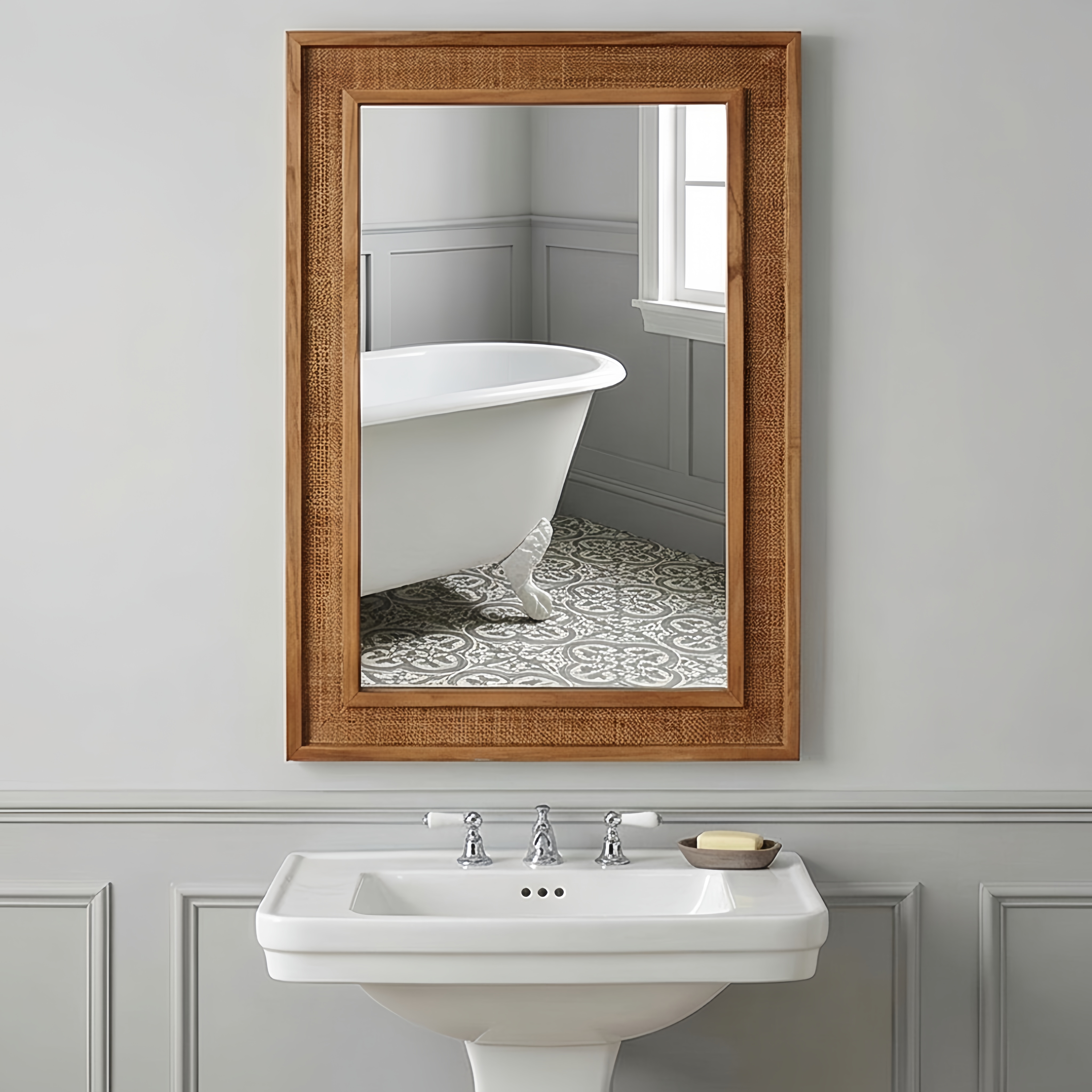 Yellowish Brown 20"x30" Rattan Rectangle Solid Wood Frame Decorative Mirror,For Farmhouse,Bathroom,Home Decor,Entryway