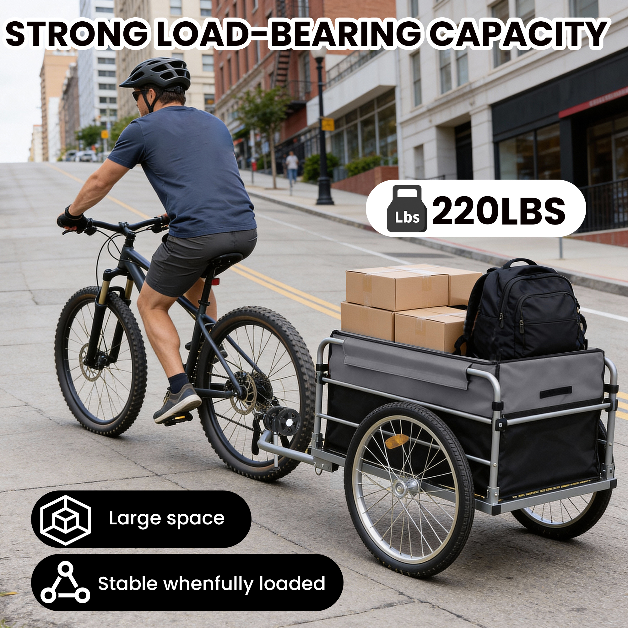 Bike Cargo Trailer, Aluminum Luggage Cart,Heavy Duty 220 lbs Bicycle Wagon Cart, 20" Whee,l Folding Groceries Hauler with Safe Hitch System, Removable Cover, Oxford Fabric for Cycling Travel — foto 10
