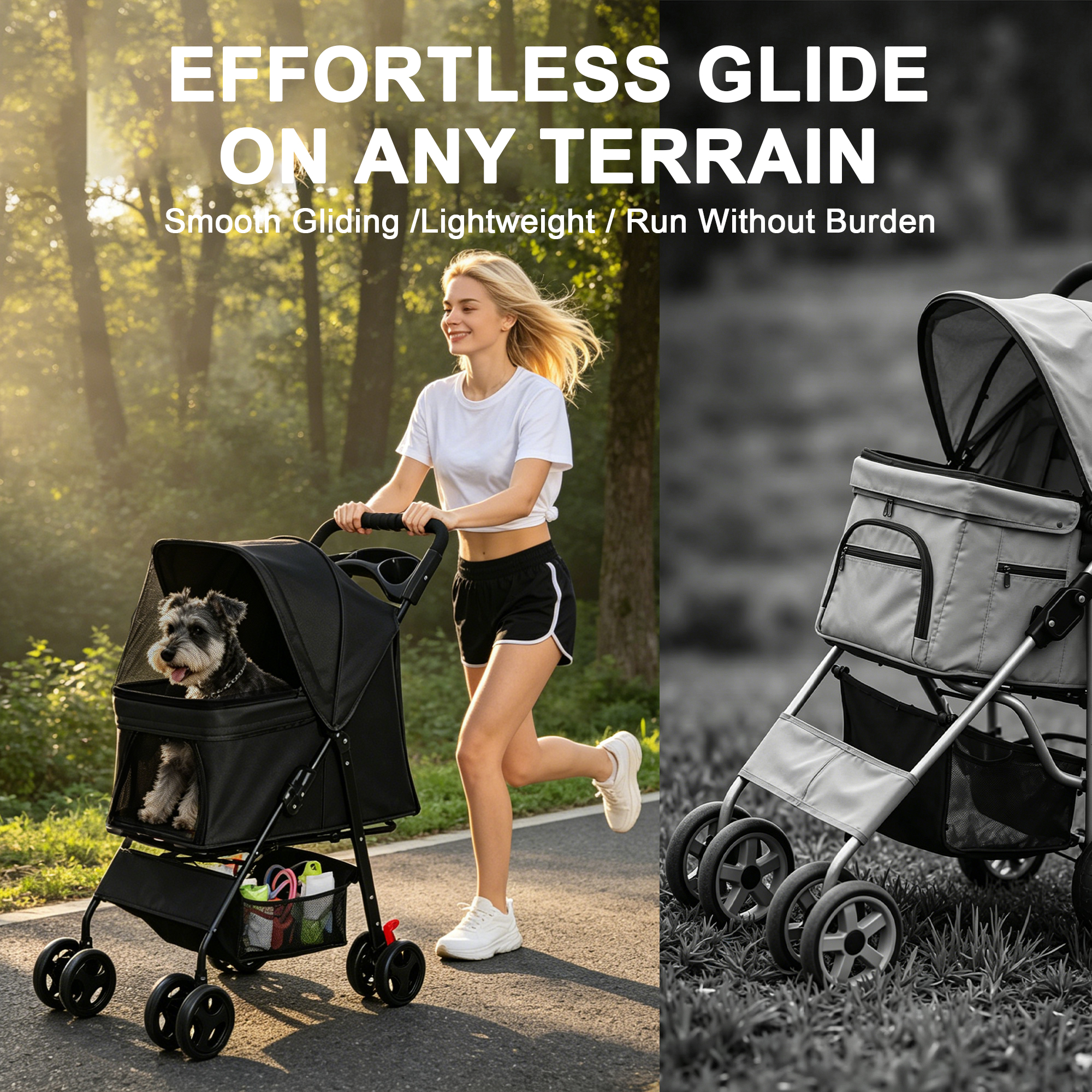 Foldable Pet Stroller for Small Dogs and Cats Under 28 lbs with Multi-Functional Tray, 2 Safety Leashes, Storage Basket & Breathable Mesh, 4 Wheels Pet Stroller, Black — foto 4