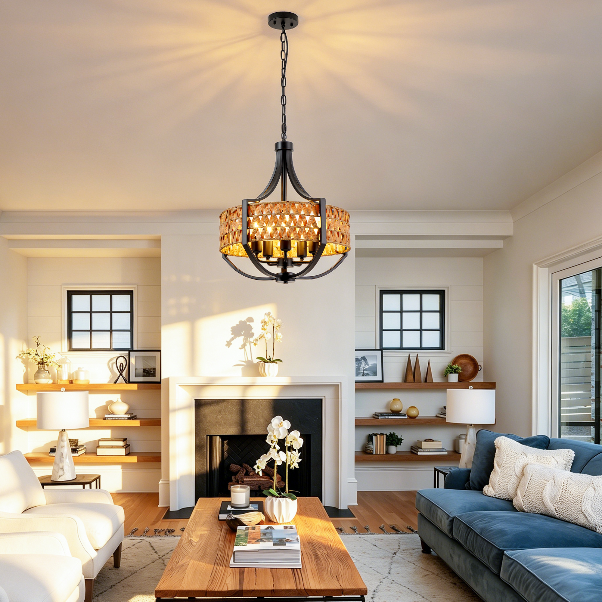 19.7" Rattan Chandelier, 5-Light Boho Chandelier with Natural Woven Reed Shade, Black Farmhouse Hanging Ceiling Light Pendant Light for Dining Room, Living Room, Foyer, Bedroom Hallway — foto 6