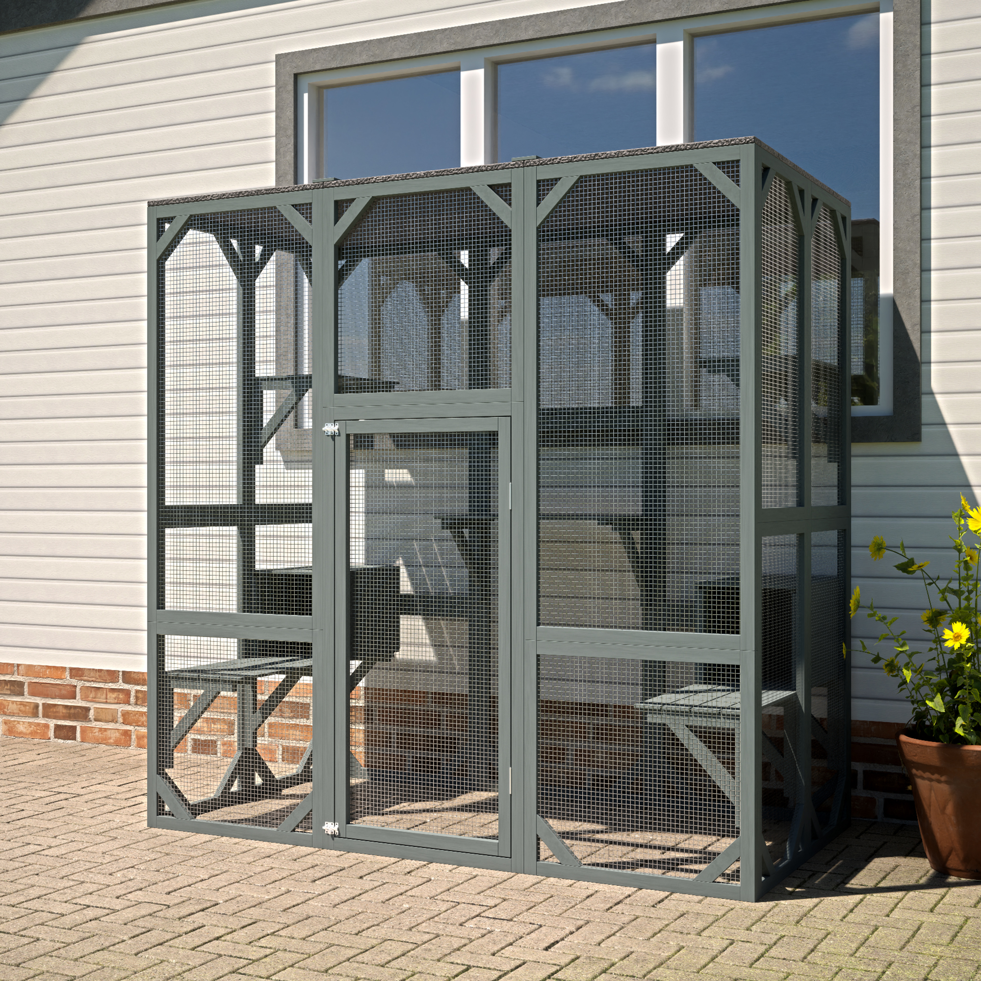 Outdoor Cat House Wooden Catio Enclosure w/Cover- Large Cat Cage with Jump Platforms and Condos, Weatherproof, Grey, 71(L)*37(W)*71(H) — image 1