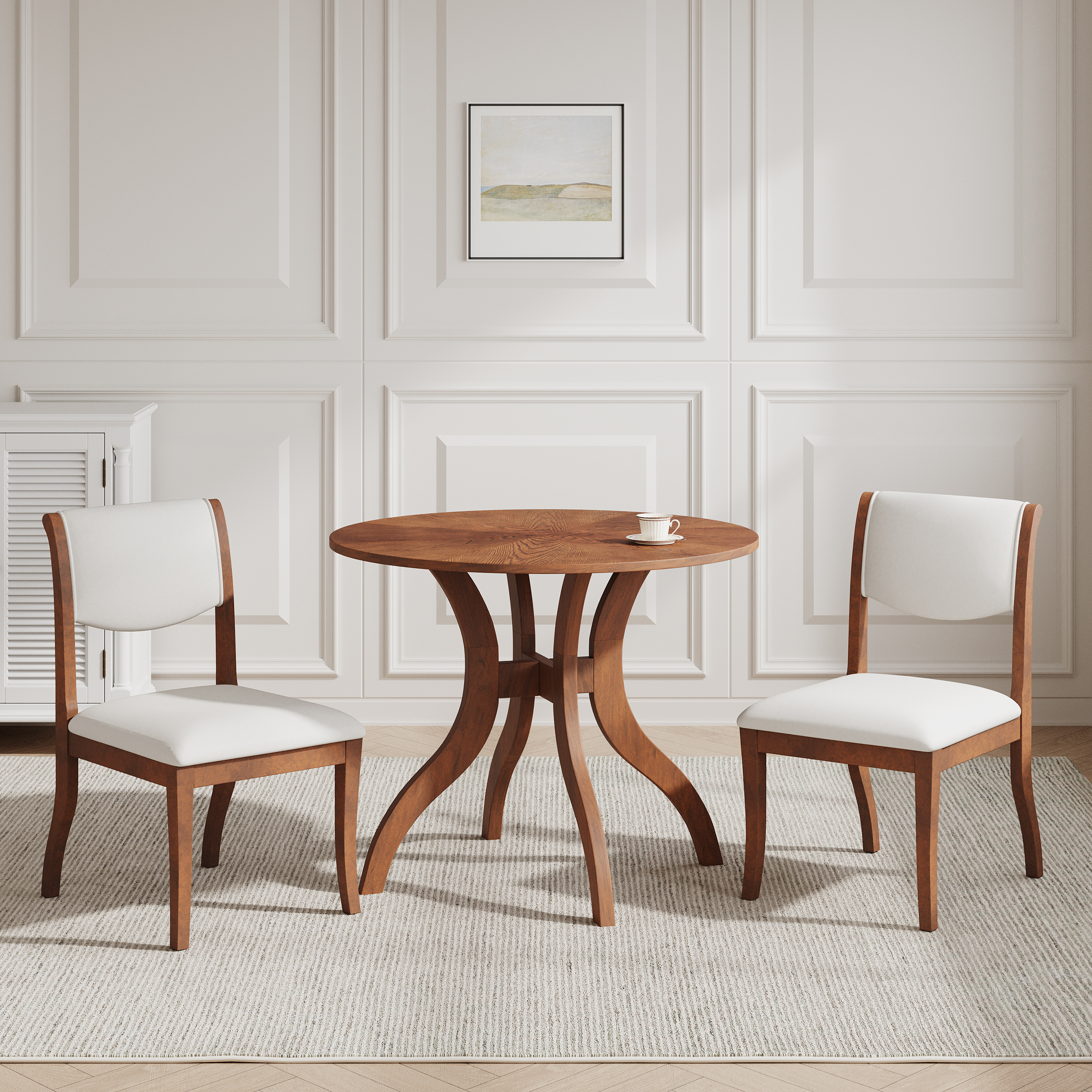 Walnut Dining Table Set:39.4" Round Table + 2 Chairs - Traditional Solid Wood Kitchen Set with Inlaid Tabletop, Elegant Curved Legs for Dining Room — foto 2