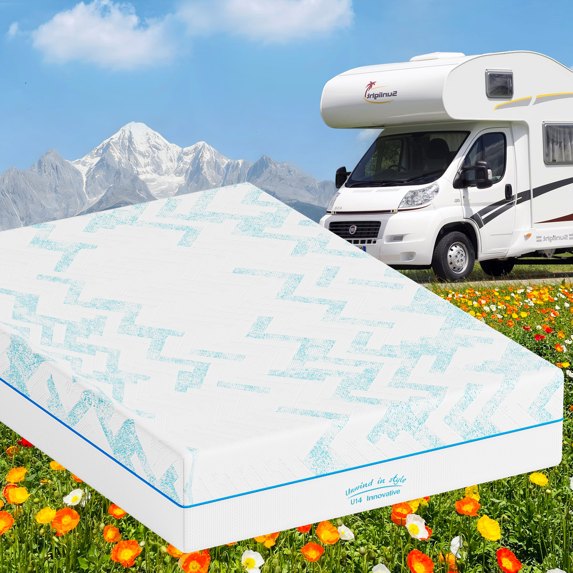 10-inch RV Latex Memory Foam Mattress, short king size, large format, free of glass fibers, medium hardness texture, breathable memory foam.