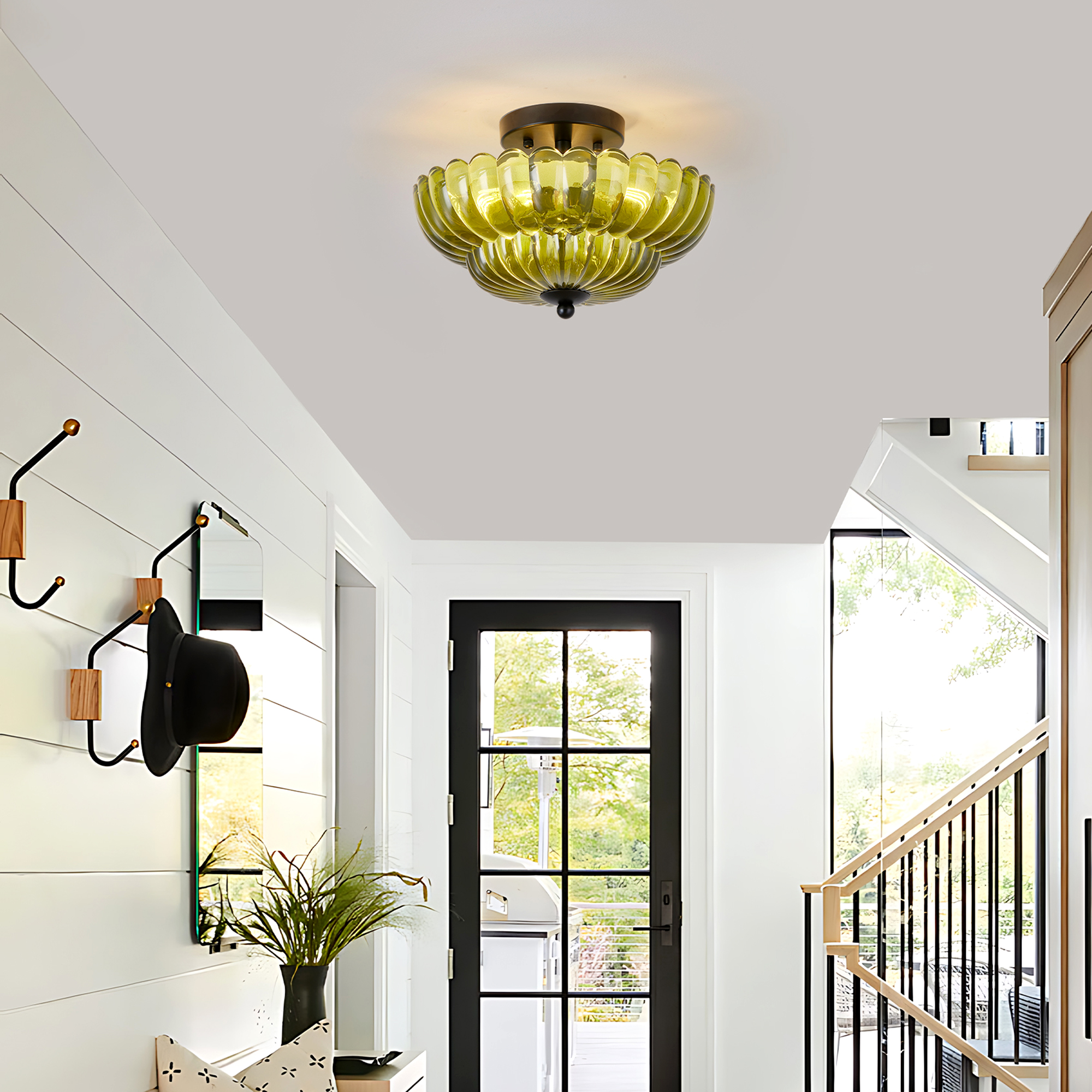 Semi Flush Mount Ceiling Light, Green Glass Ceiling Light Fixture, 3-Bulb Modern Black Close to Ceiling Light, Vintage Glass Ceiling Lights for Bedroom Kitchen Living Room, Bulb Not Included