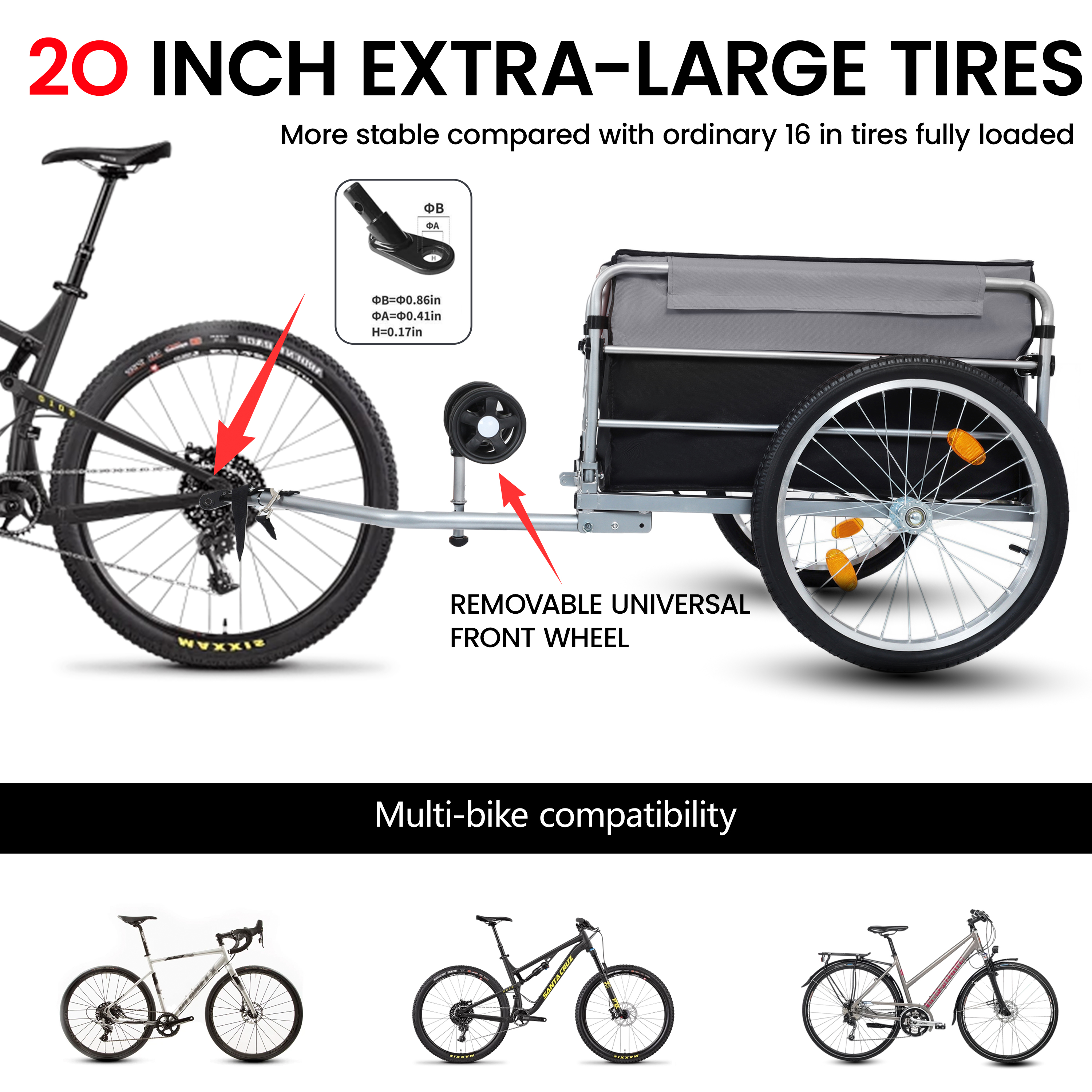 Bike Cargo Trailer, Aluminum Luggage Cart,Heavy Duty 220 lbs Bicycle Wagon Cart, 20" Whee,l Folding Groceries Hauler with Safe Hitch System, Removable Cover, Oxford Fabric for Cycling Travel — foto 6