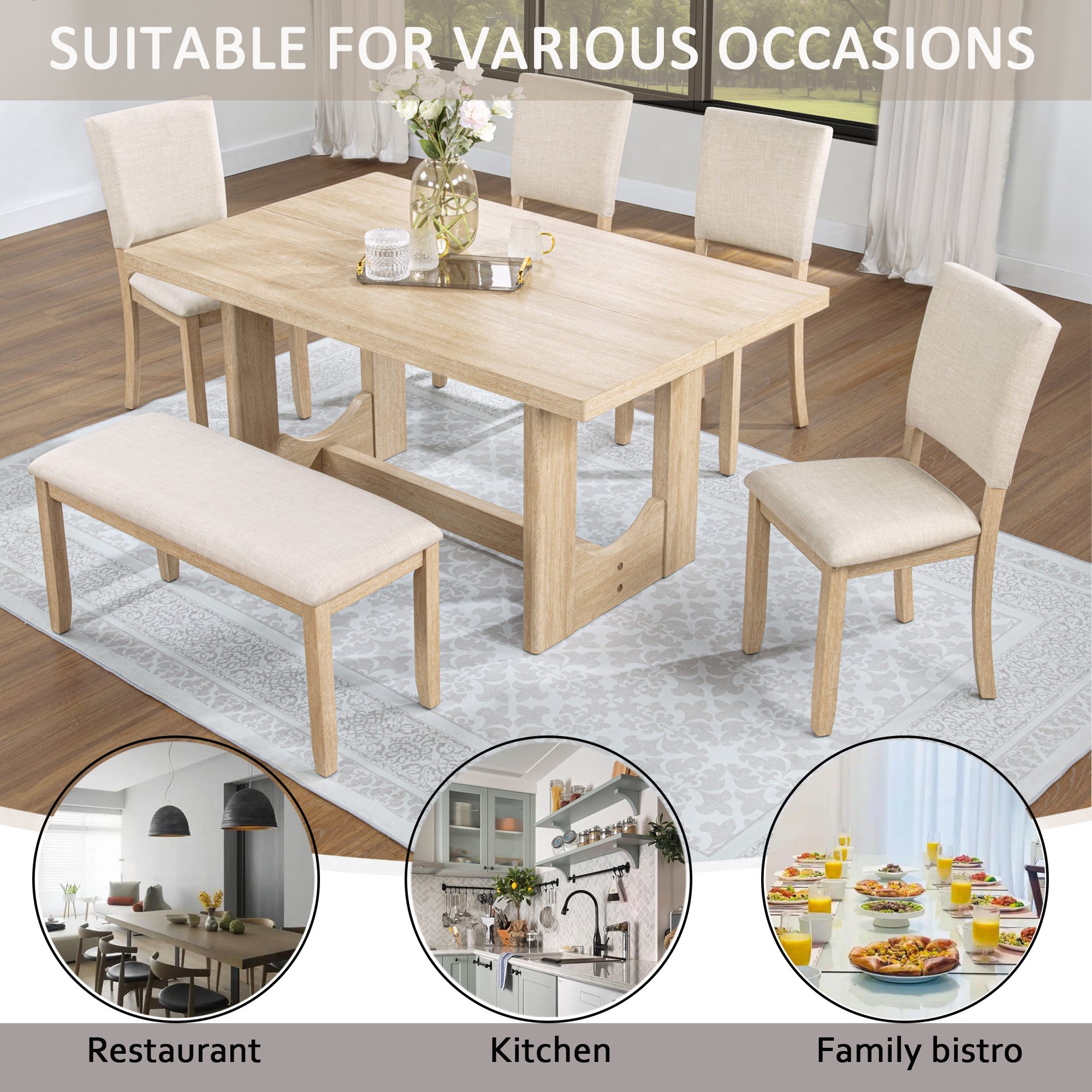 6 Piece Dining Table Set with Bench, Wooden Rectangular Kitchen Table Set with Bench and 4 Upholstered Chairs for Living Room, Kitchen, Dining Room, U-shaped base, Light Oak & Beige