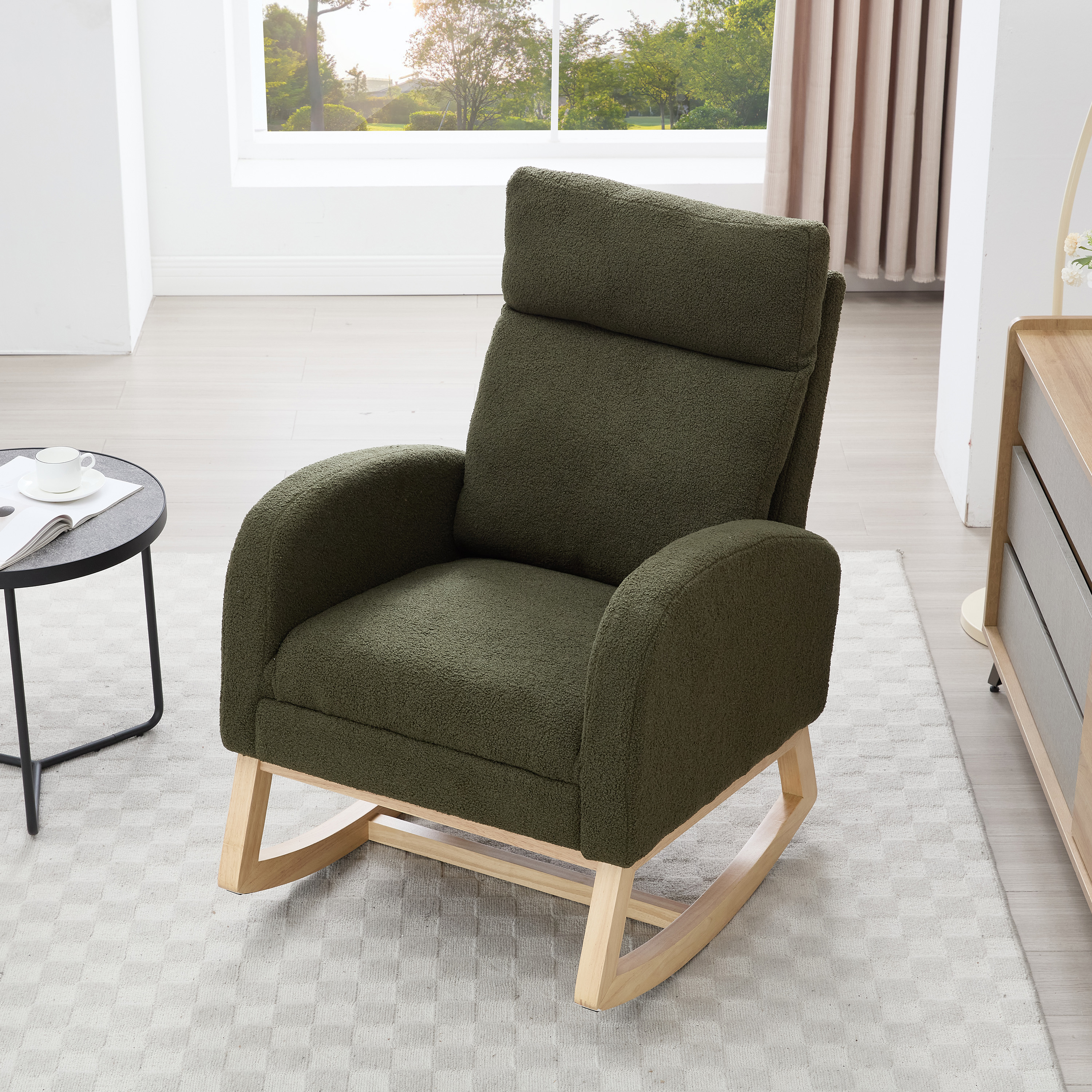 015B-Teddy Fabric Leisure Rocking Chair,Nursery Rocking Chair With Adjustable Footstool,Thickened Headrest And High Backrest, Storage Pocket On The Right Side,The Base Rocker Is Solid Wood,Green