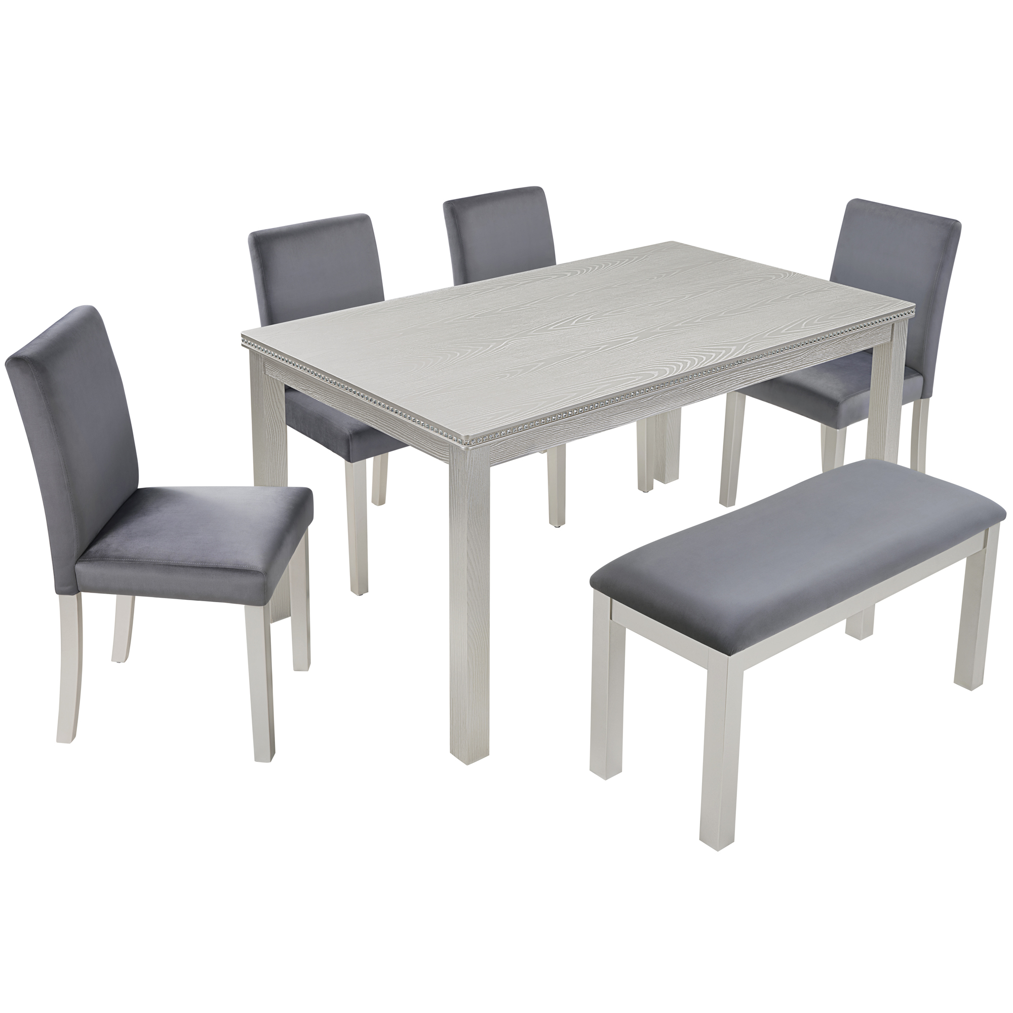 6 Piece Wooden Dining Table Set, Wooden Dining Table with 4 Upholstered Chairs and Bench for 6 People, Rectangular Dining Table Set with Crystal Decoration for Kitchen, Dining Room, Silver grey — foto 2