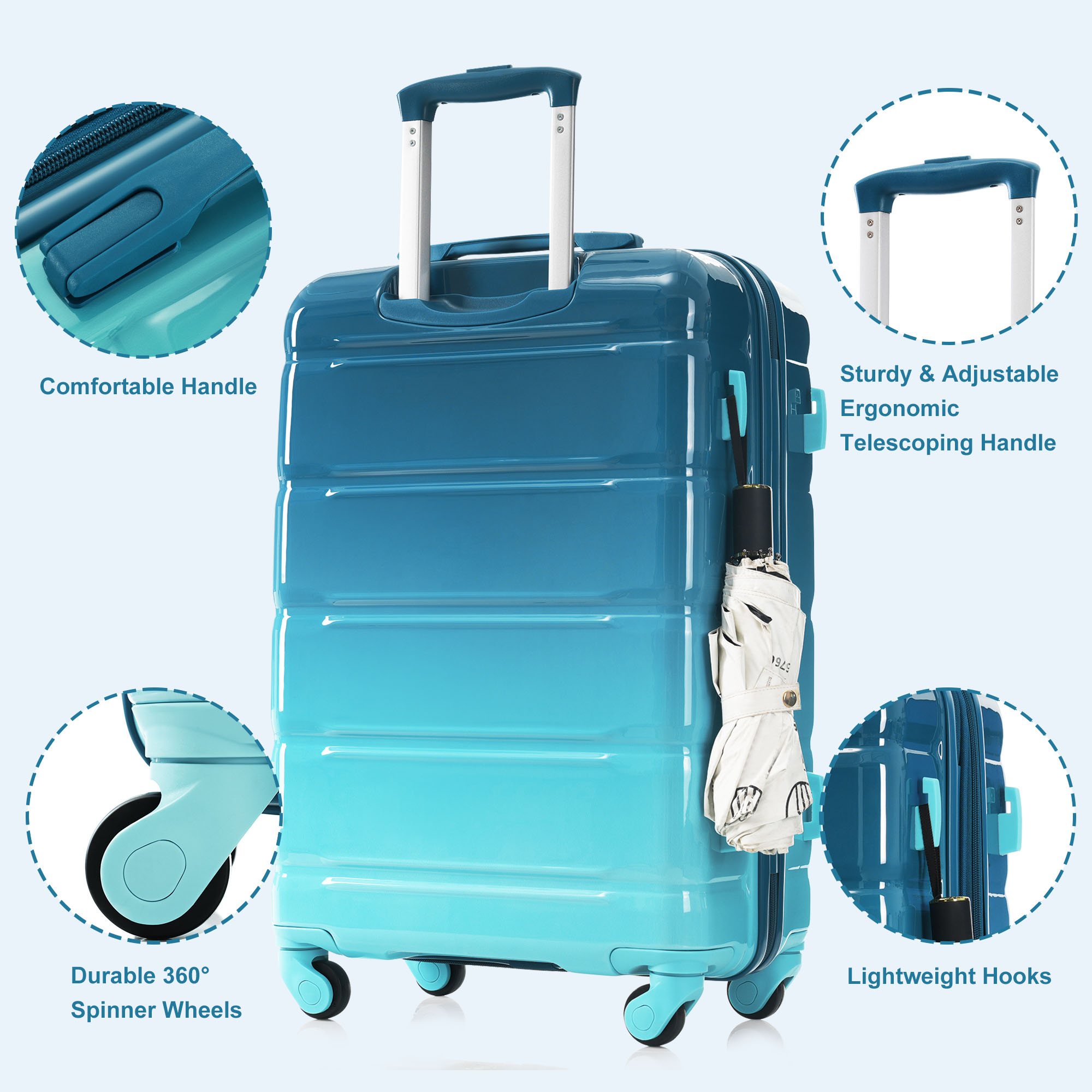 Luggage Set of 3, 20-inch with USB Port, Airline Certified Carry-on Luggage  , ABS+PC Hard Shell Luggage with Spinner Wheels,blue