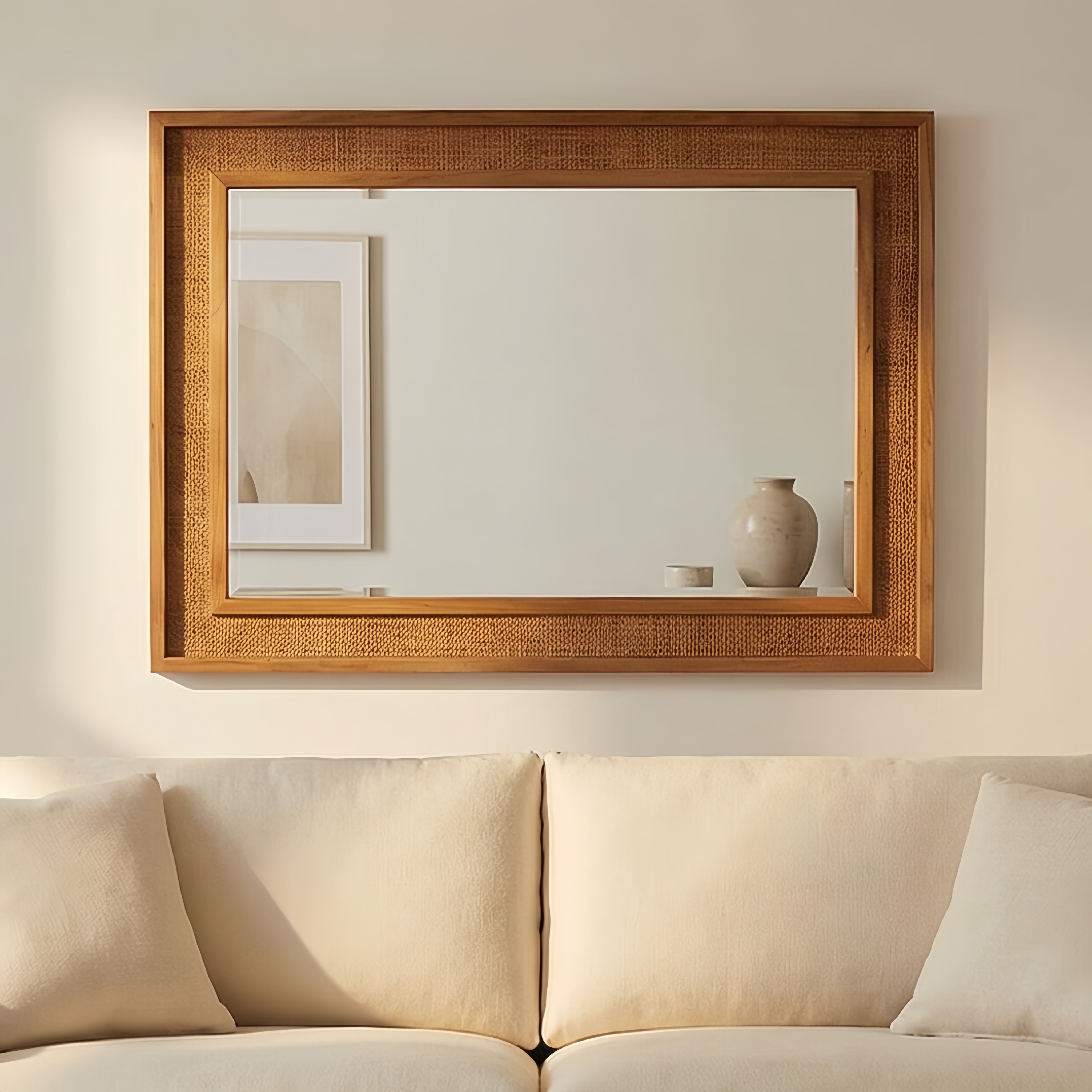 Yellowish Brown 24"x36" Rattan Rectangle Solid Wood Frame Decorative Mirror,For Farmhouse,Bathroom,Home Decor,Entryway — foto 8