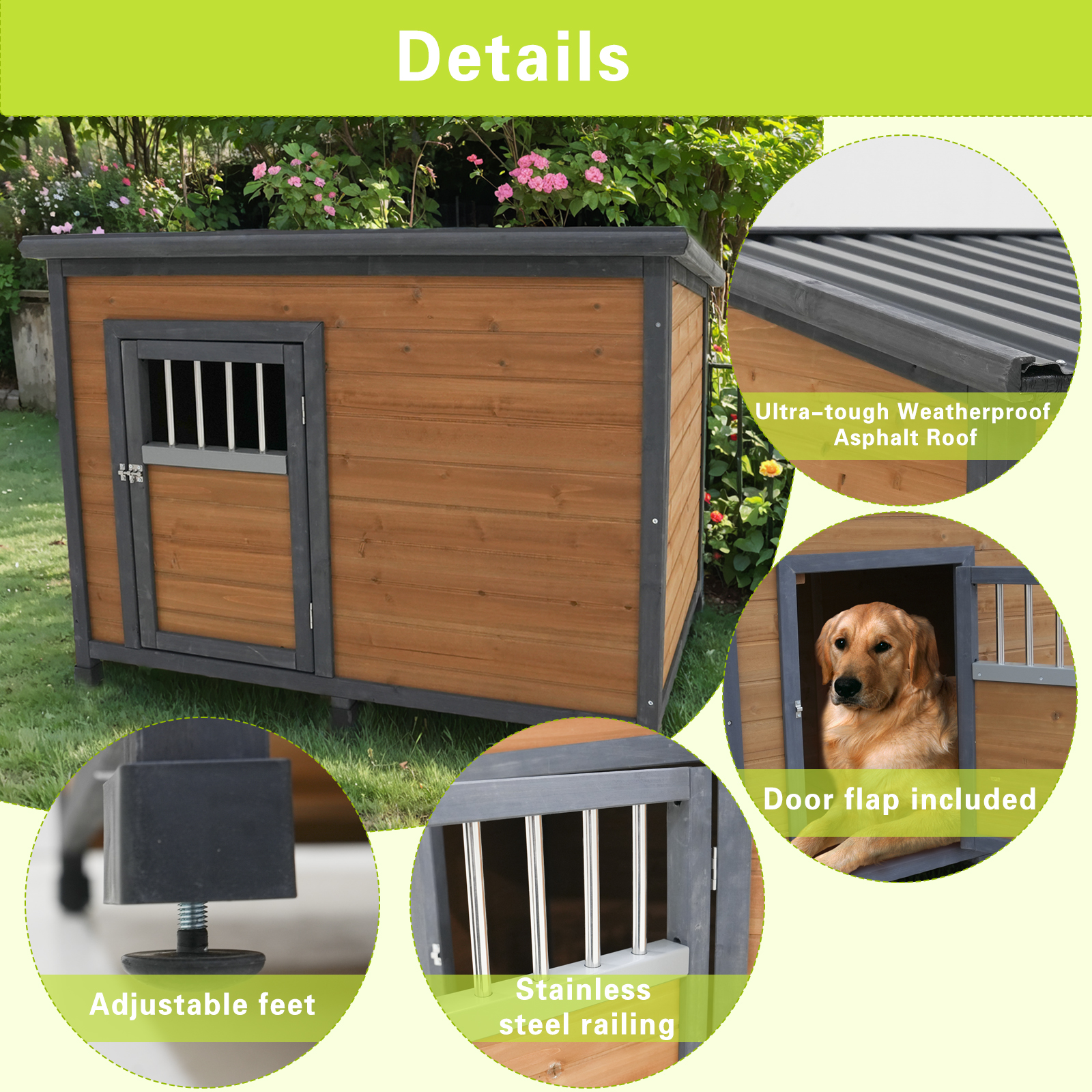 45"large solid wood dog house, waterproof PVC plastic roof, breathable wooden doors — foto 8