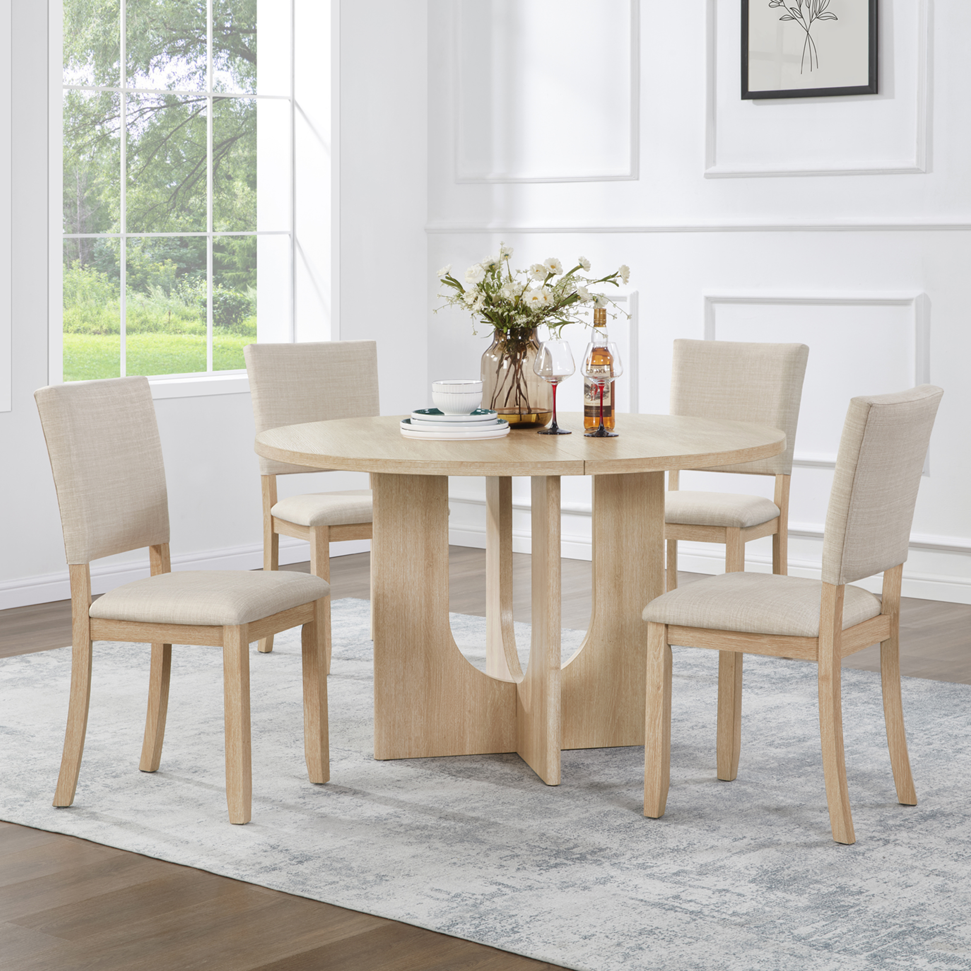 47.3" Round Dining Set with 4 Upholstered Dining Chairs, Modern Round Dining Table Set for 4, 5-Piece Round Dining Table Set for Living Room, Kitchen, Light Oak & Beige — foto 2