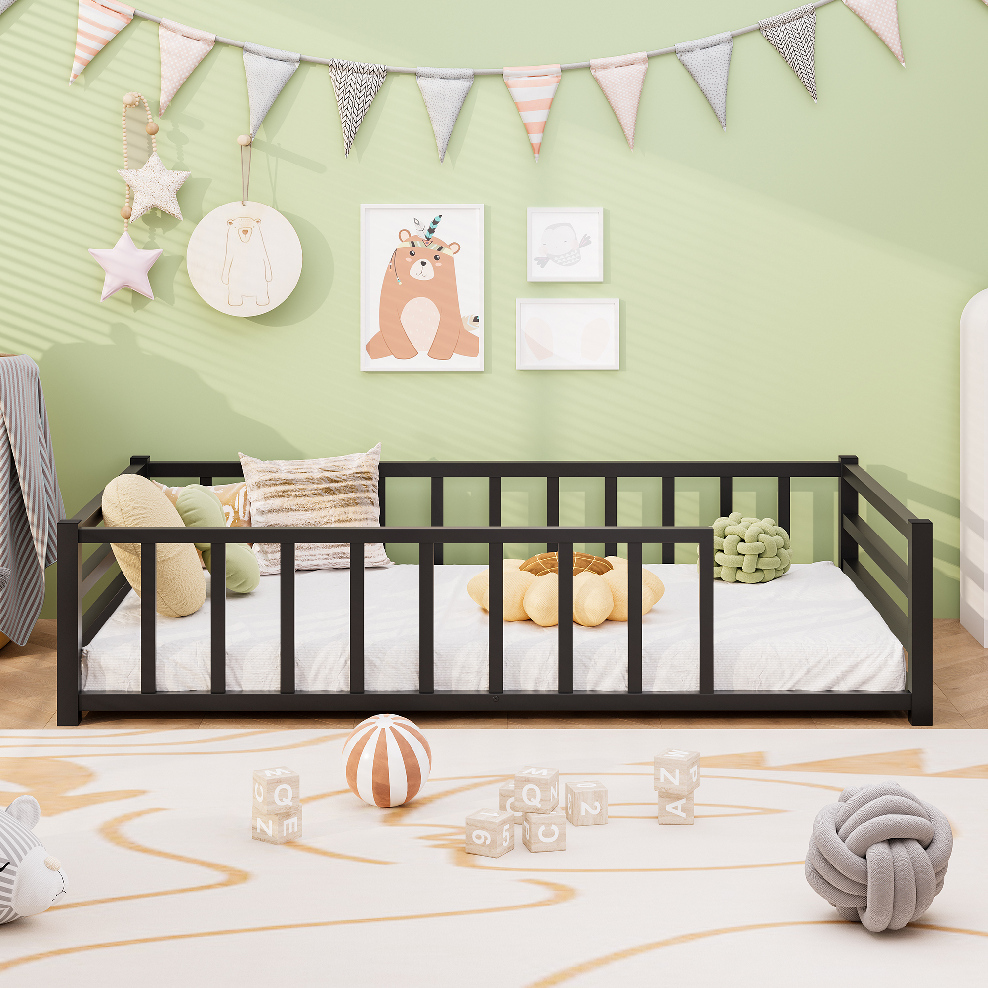 Twin Size Floor Bed, Low Profile Metal Platform with Heavy Duty Guardrails, No Box Spring Needed, Black