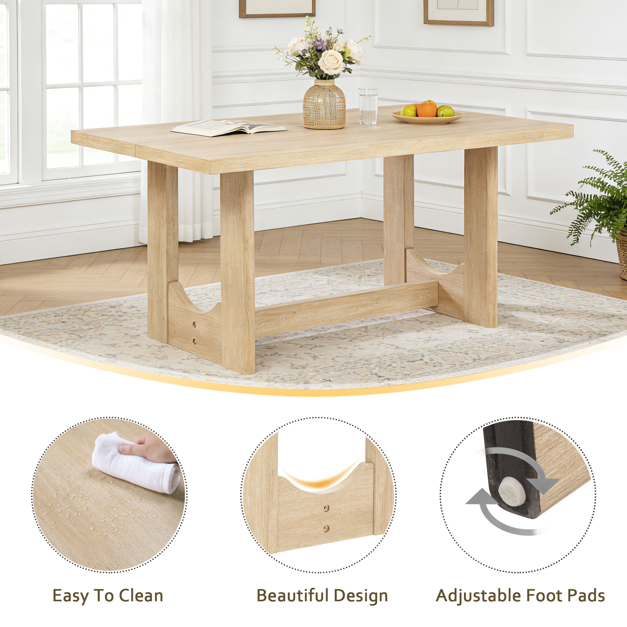 6 Piece Dining Table Set with Bench, Wooden Rectangular Kitchen Table Set with Bench and 4 Upholstered Chairs for Living Room, Kitchen, Dining Room, U-shaped base, Light Oak & Beige