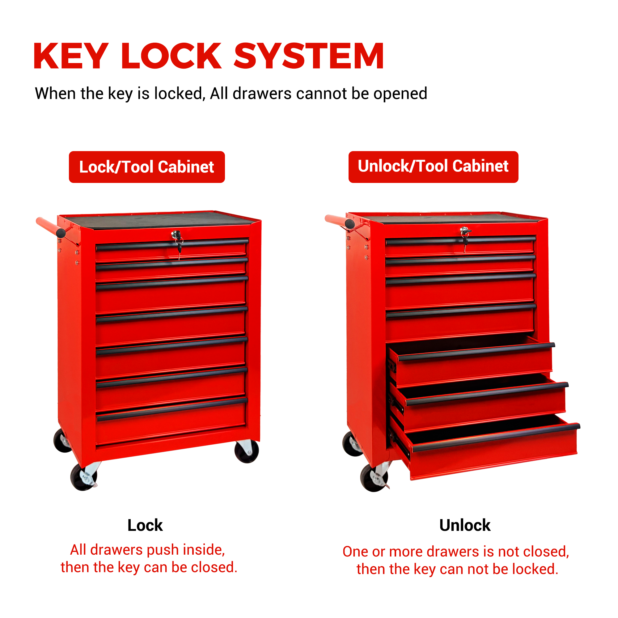 Rolling Metal Tool Chest with 7 Drawers, 20" 7-Drawer Tool Chest Cabinet with Ball Bearing Drawer Slides, Steel Tool Storage Box Organizer  -RED — foto 8