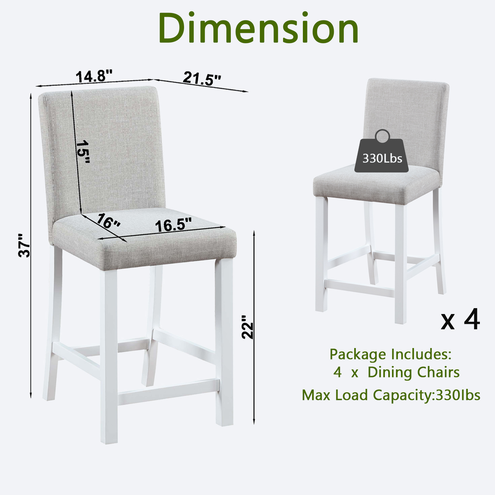 Counter Height Chairs set for 4, Kitchen Chair with Padded Seat, Counter Height Barstool for Dining Room, White & Gray 5