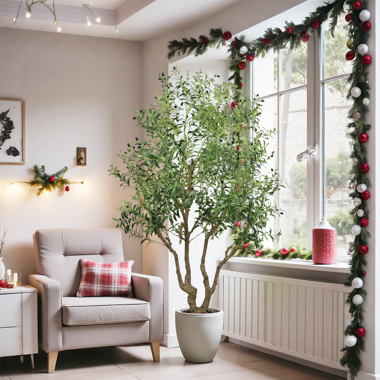 8FT Tall Artificial Olive Tree - Large Faux Potted Tree with Natural Trunk and Lifelike Olive Leaves and Fruit, Elegant Indoor/Outdoor Decorative Plant for Living Room, Office or Entryway, 1pc/set — foto 7