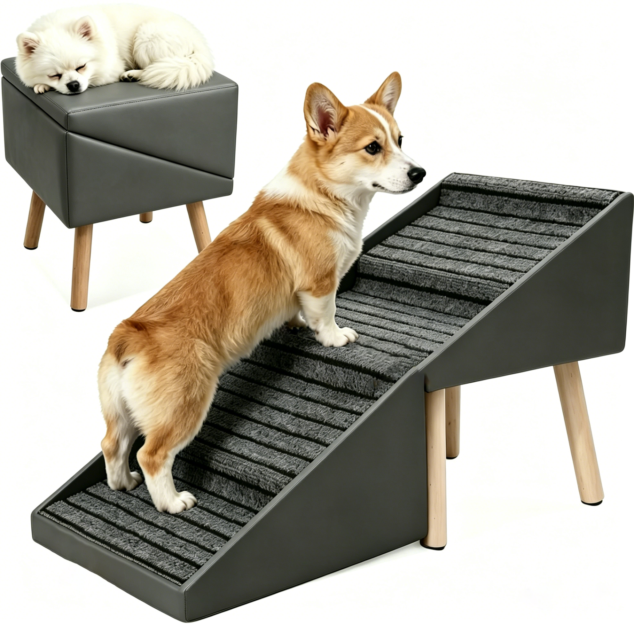 2-in-1 Dog Stairs for Bed and Couch 19.69" Foldable Dog Ramp for Couch 4 Pet Steps  & Ottoman for Small Dogs, Grey — foto 3
