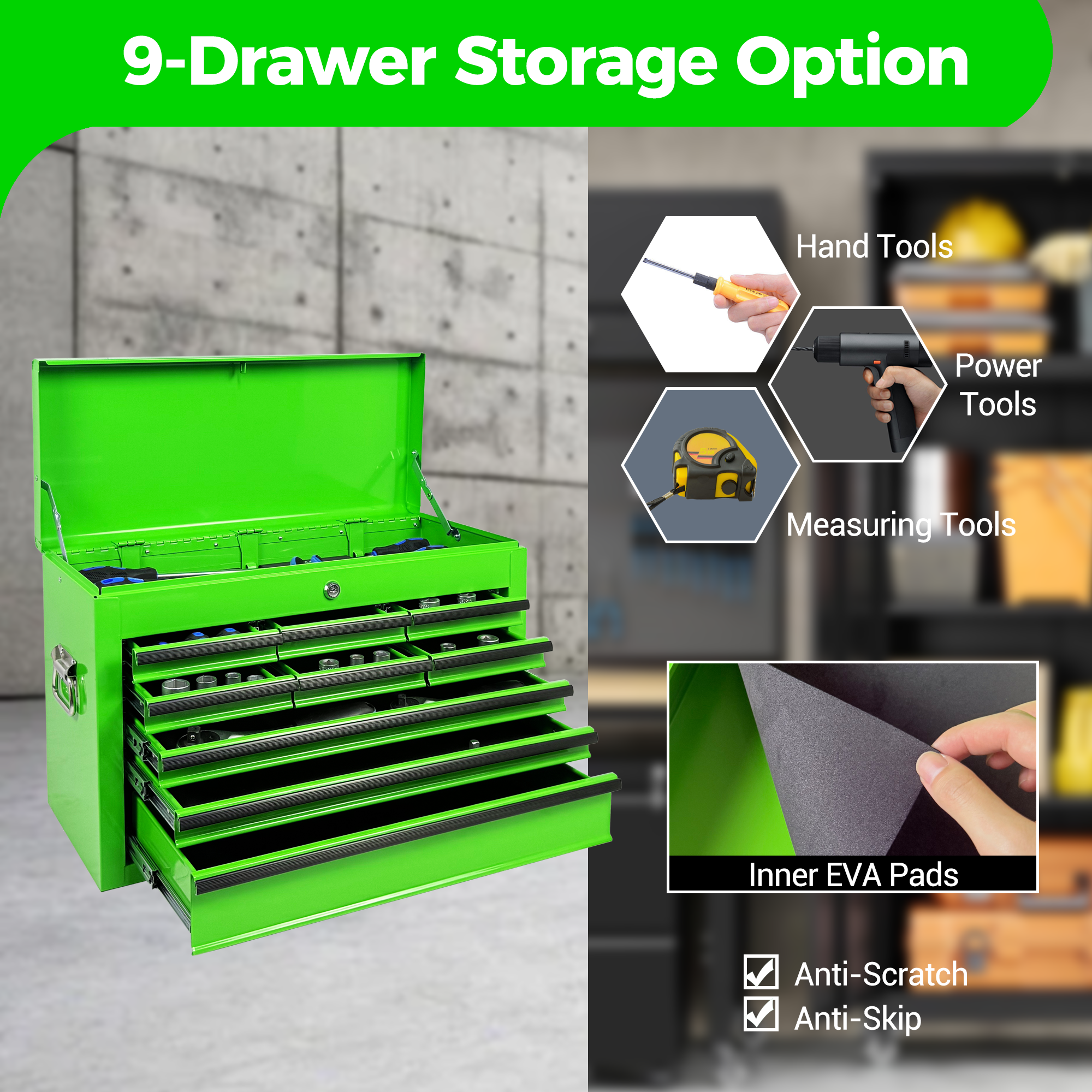 Heavy Duty Metal Tool Box, 24-inch, Portable Metal Tool Box with 9 Drawers, Small Tool Chest with EVA Liners, Ball Bearing Slide Drawers Locking & Powder Coated Finish, Multi-Function Tool Organizer — foto 12