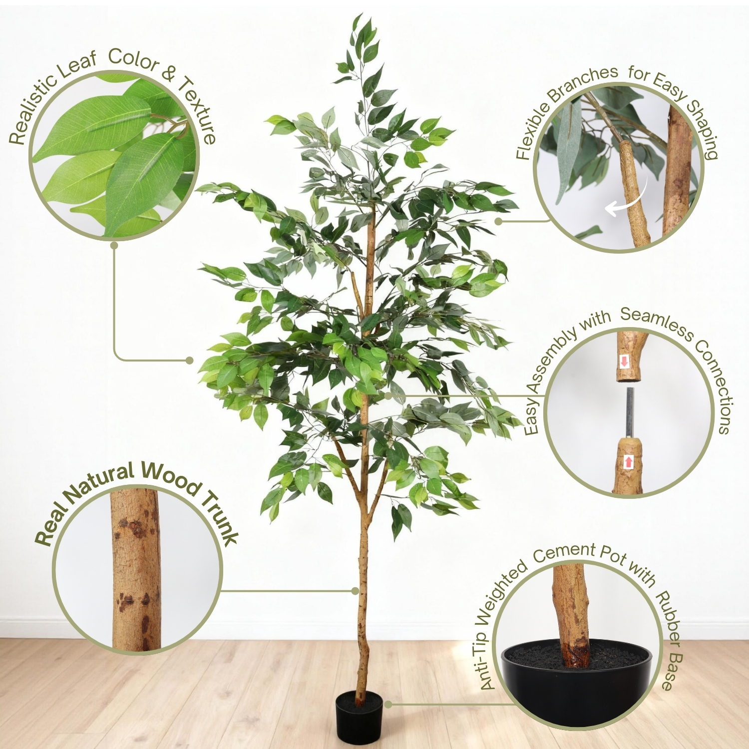 6FT Artificial Ficus Tree with Natural Trunk in Black Plastic Pot for Indoor Home Office Decor, 1pc/set — foto 4