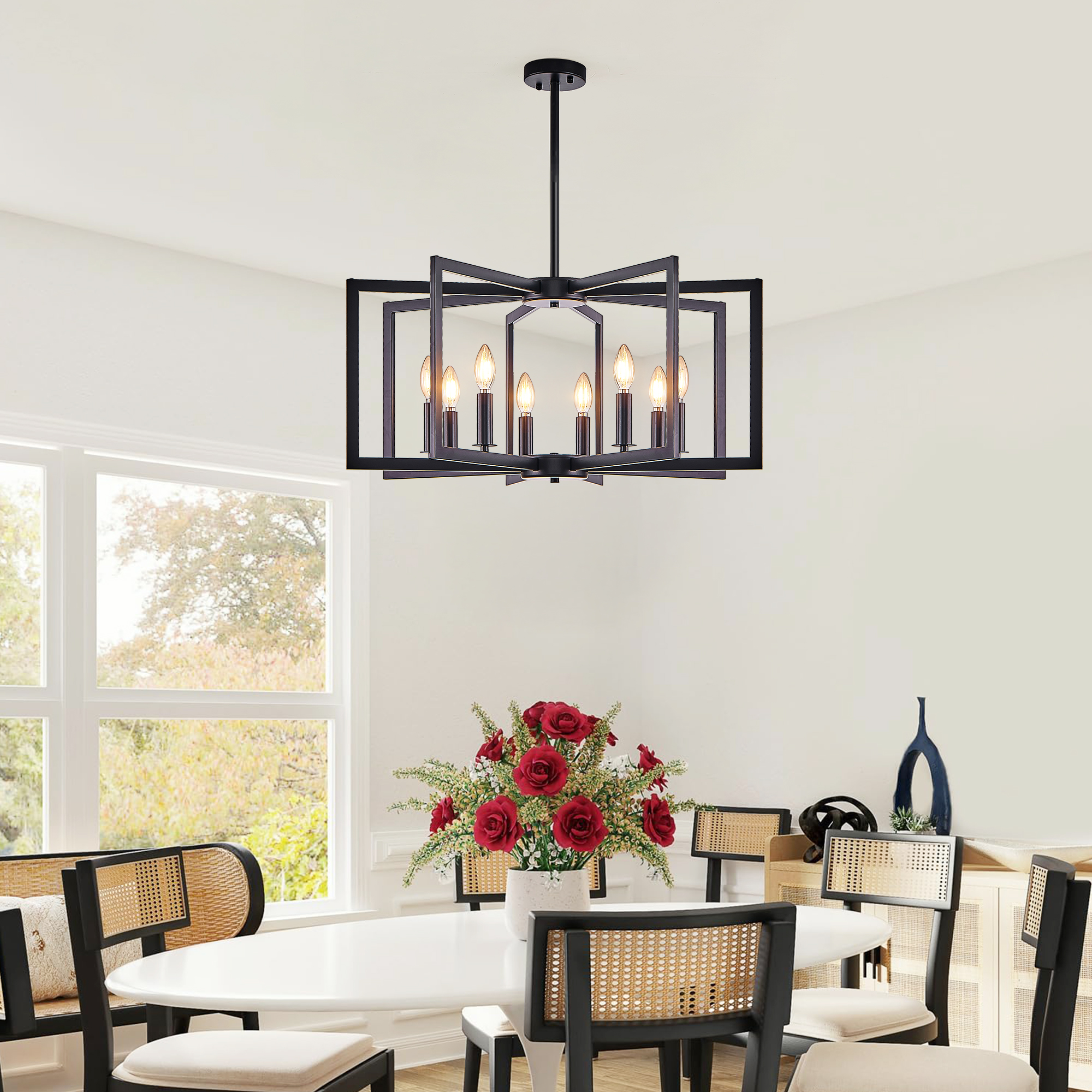 27" Modern Black Geometric 8-Light Chandelier – Industrial Metal Pendant Light Fixture for Living Room, Dining Room, or Kitchen (Bulb Not Included) — foto 7