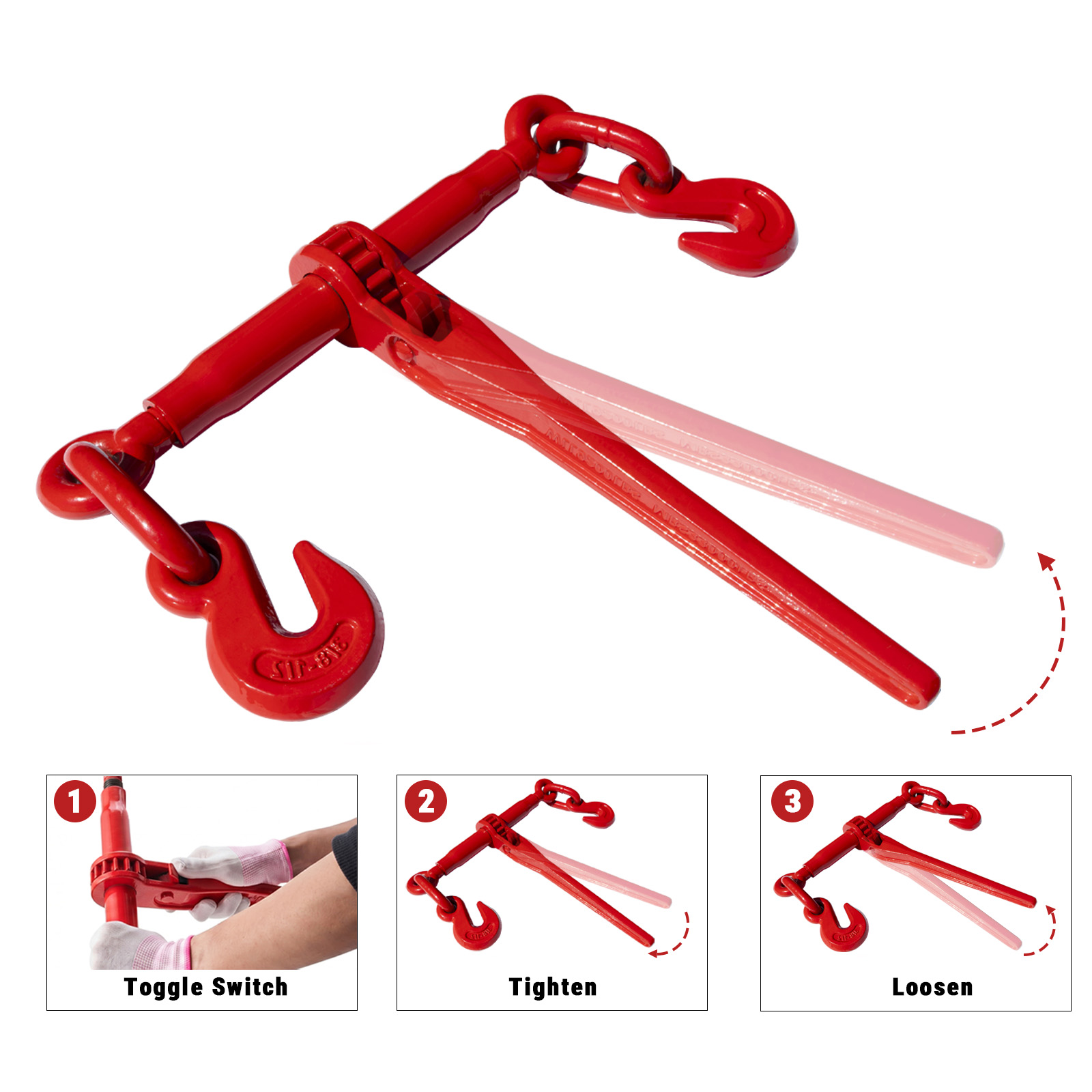 Ratchet tensioner with chain, cargo securing device - 3/8" G80 Tow Chain Bridle with Hooks, 14FT Heavy Duty Alloy Steel Recovery Chain Sling — foto 2