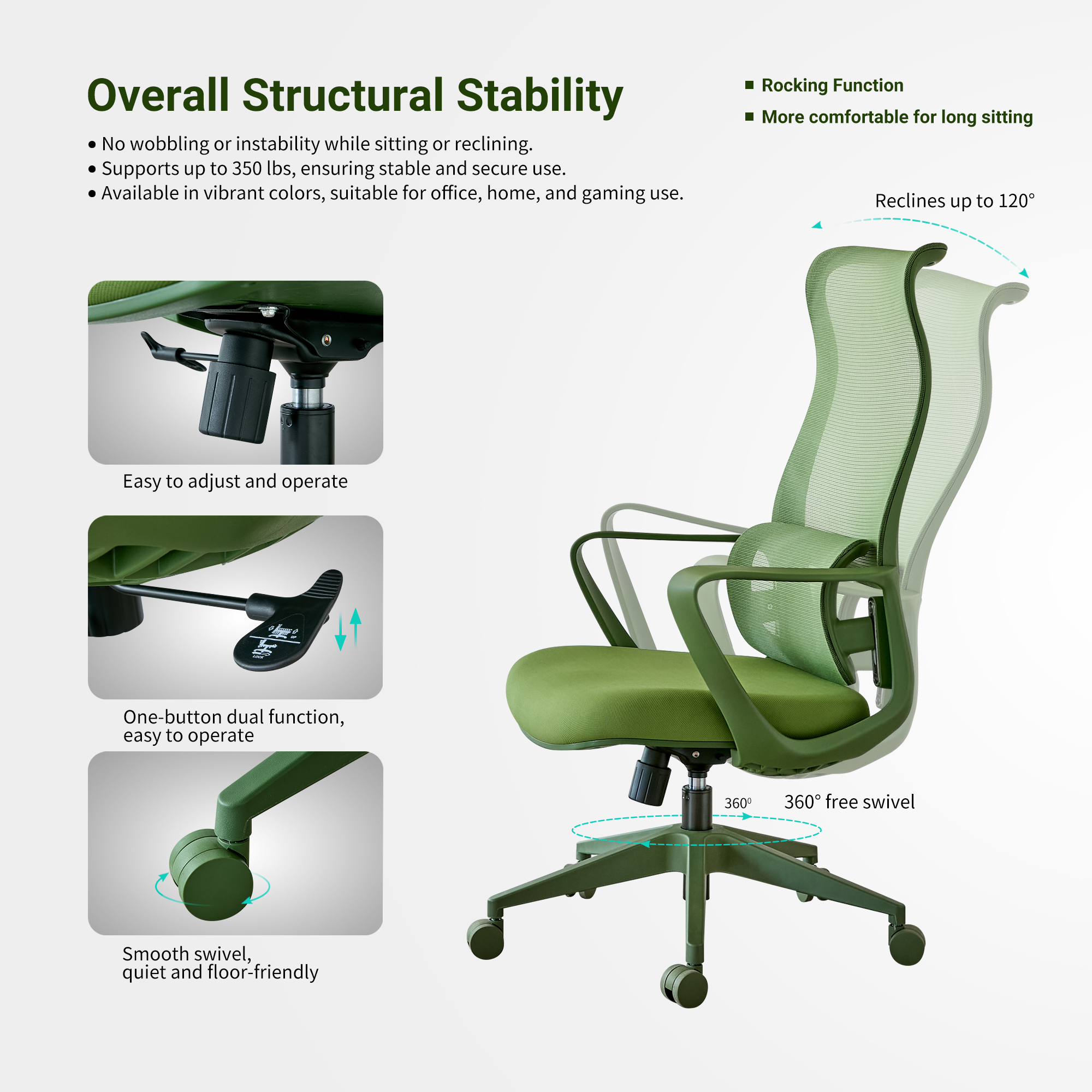 Ergonomic Colorful Office Chair 350LBS Home Office Mesh Breathable High Back, With Adjustable Lumbar Support Computer Chair, Integrated Molded Foam Seat Cushion, Fireproof (Green)