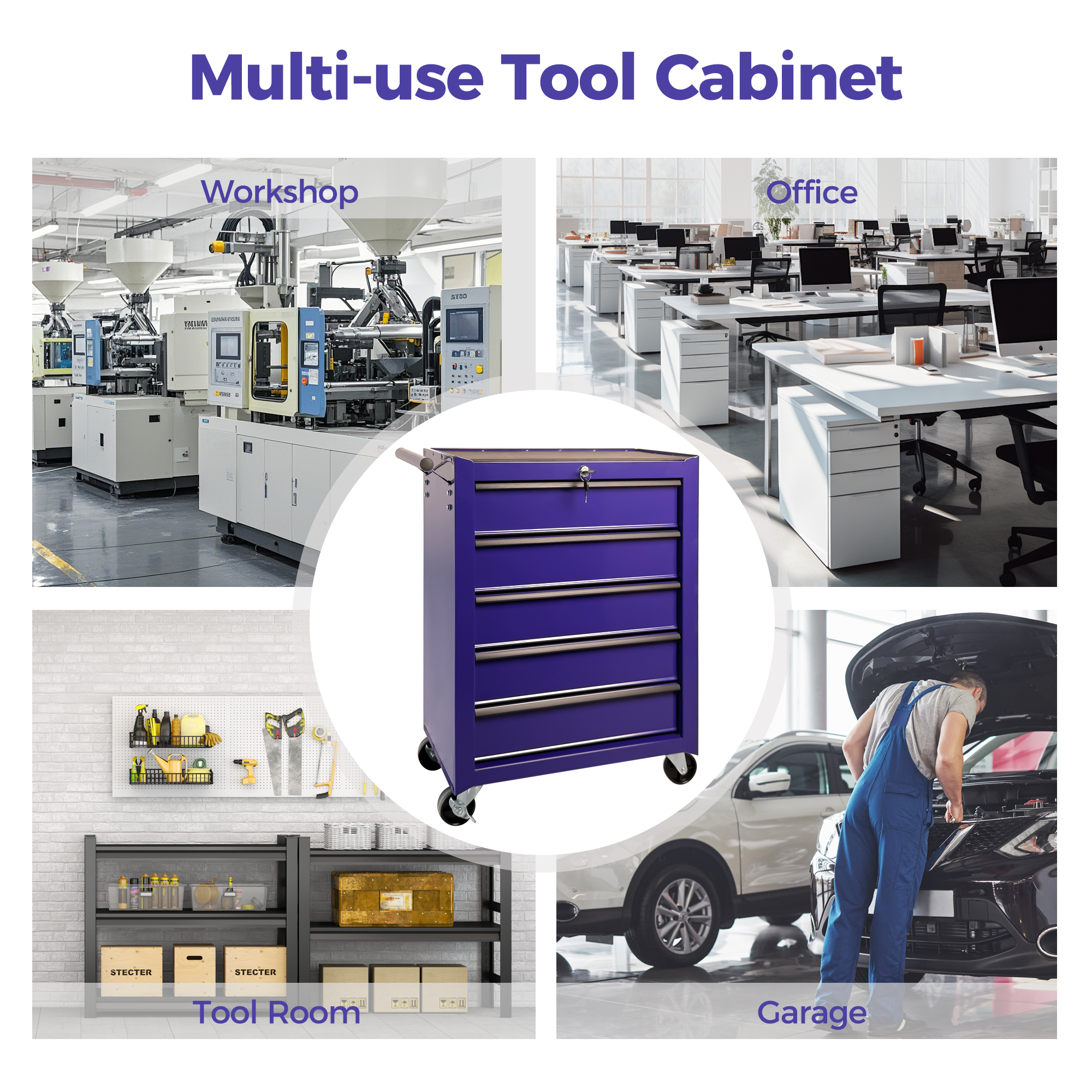 Rolling Metal Tool Chest with 5 Drawers, 20" 5-Drawer Tool Chest Cabinet with Ball Bearing Drawer Slides, Steel Tool Storage Box Organizer -PURPLE — foto 2