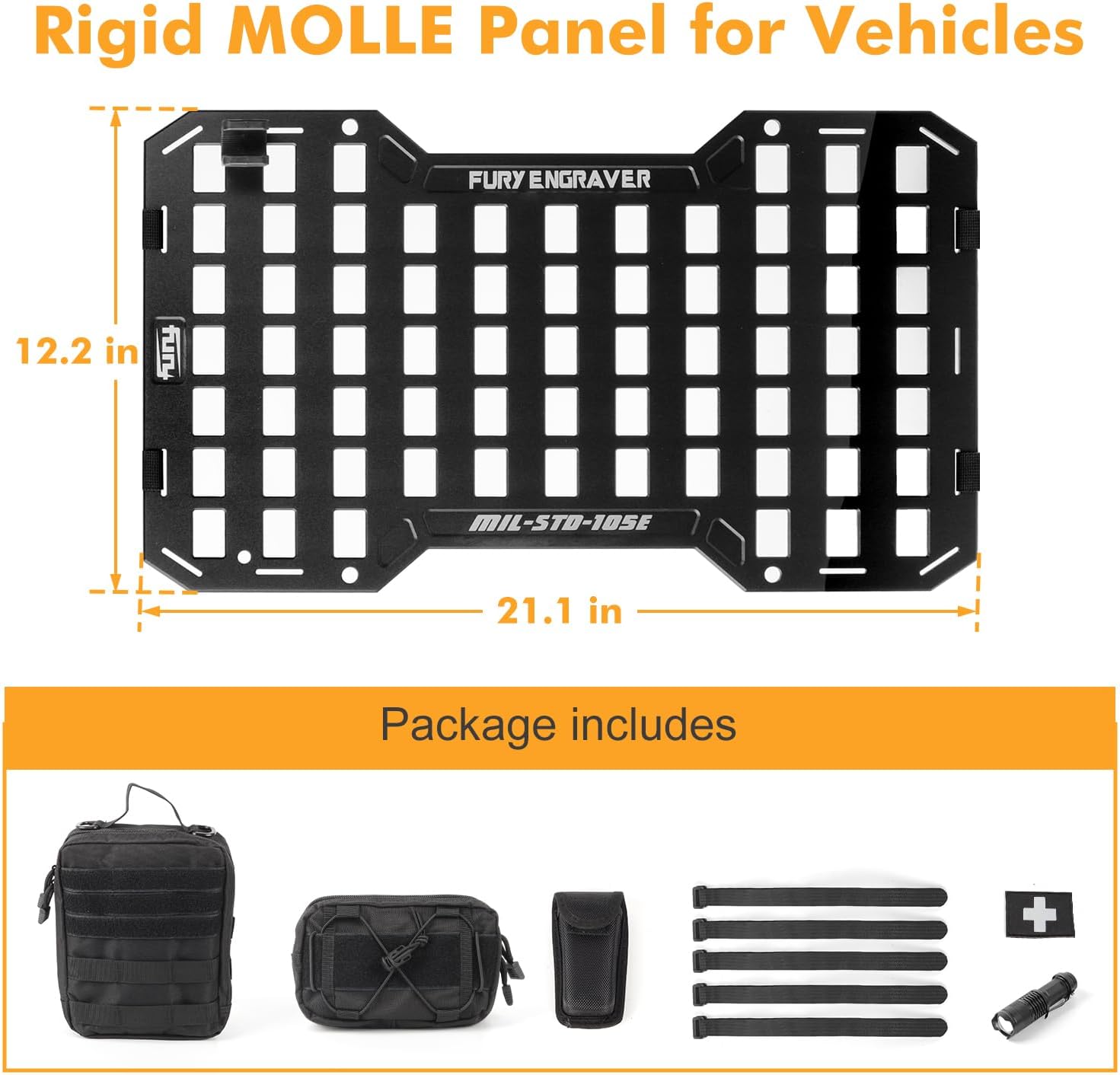 17515 Rigid Molle Panels For Vehicles Truck Mount Rack Panel Tactical Seat Back Organizer with 2 Organizer Storage Bag, 1 Multi-tool Pliers, 1 Flashlight and 5 Fastening Tape